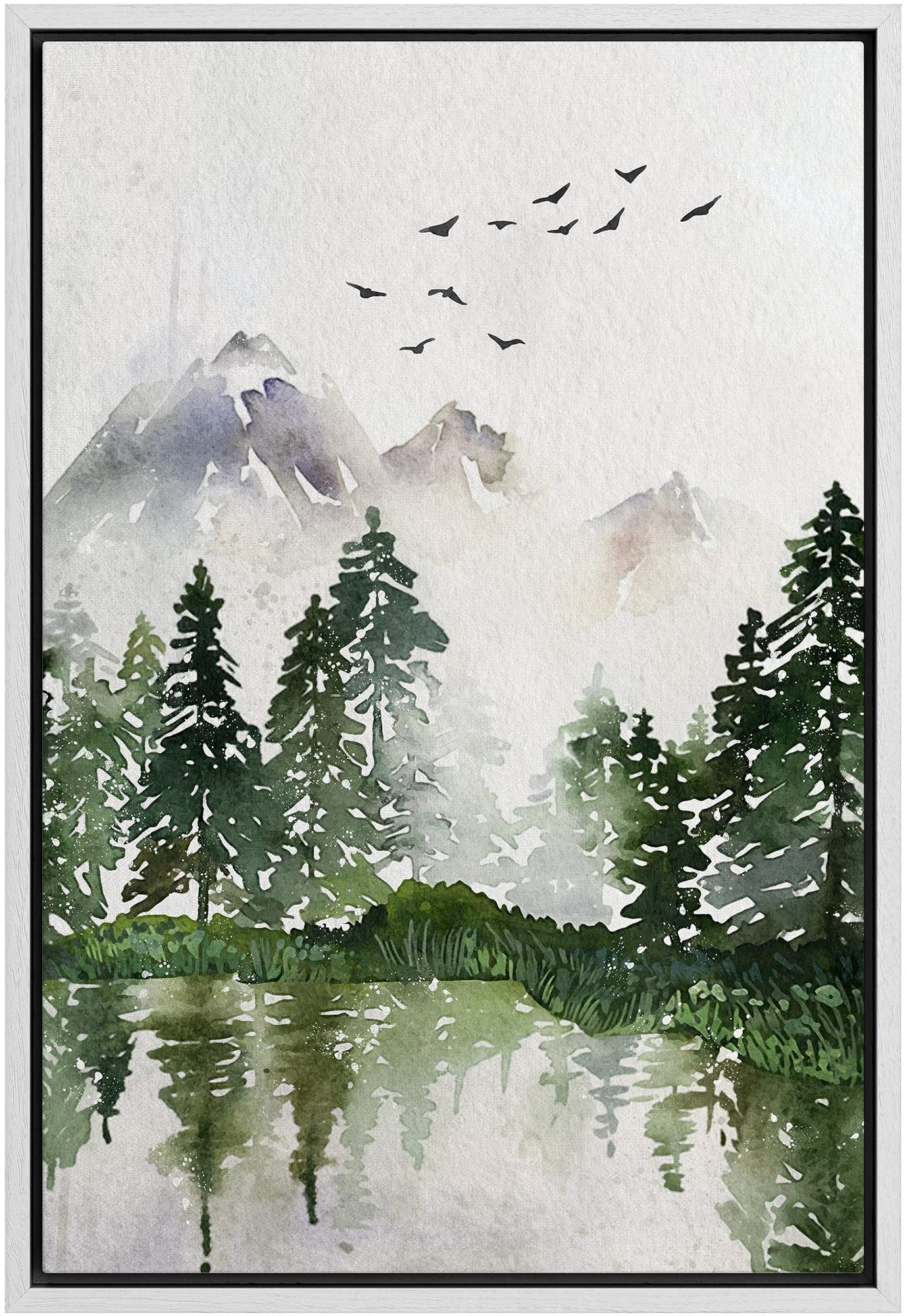 Signwin Framed Canvas Print Wall Art Woodland Nursery Decor Pastel Watercolor Misty Mountain Forest Nature Modern Art Decorative