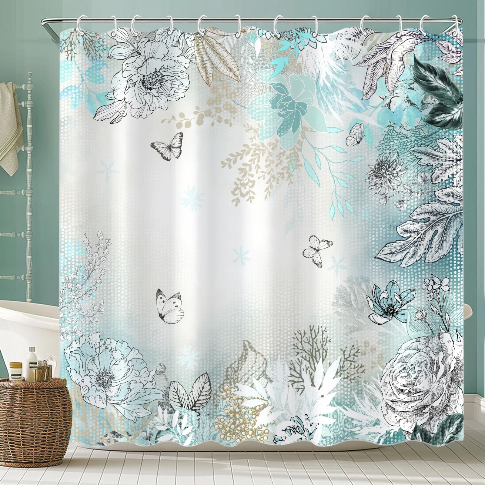 Zussun Teal And White Floral Shower Curtain Modern Sketch Flower Plant Leaf Shower Curtains For Bathroom Pretty Butterfly Waterp