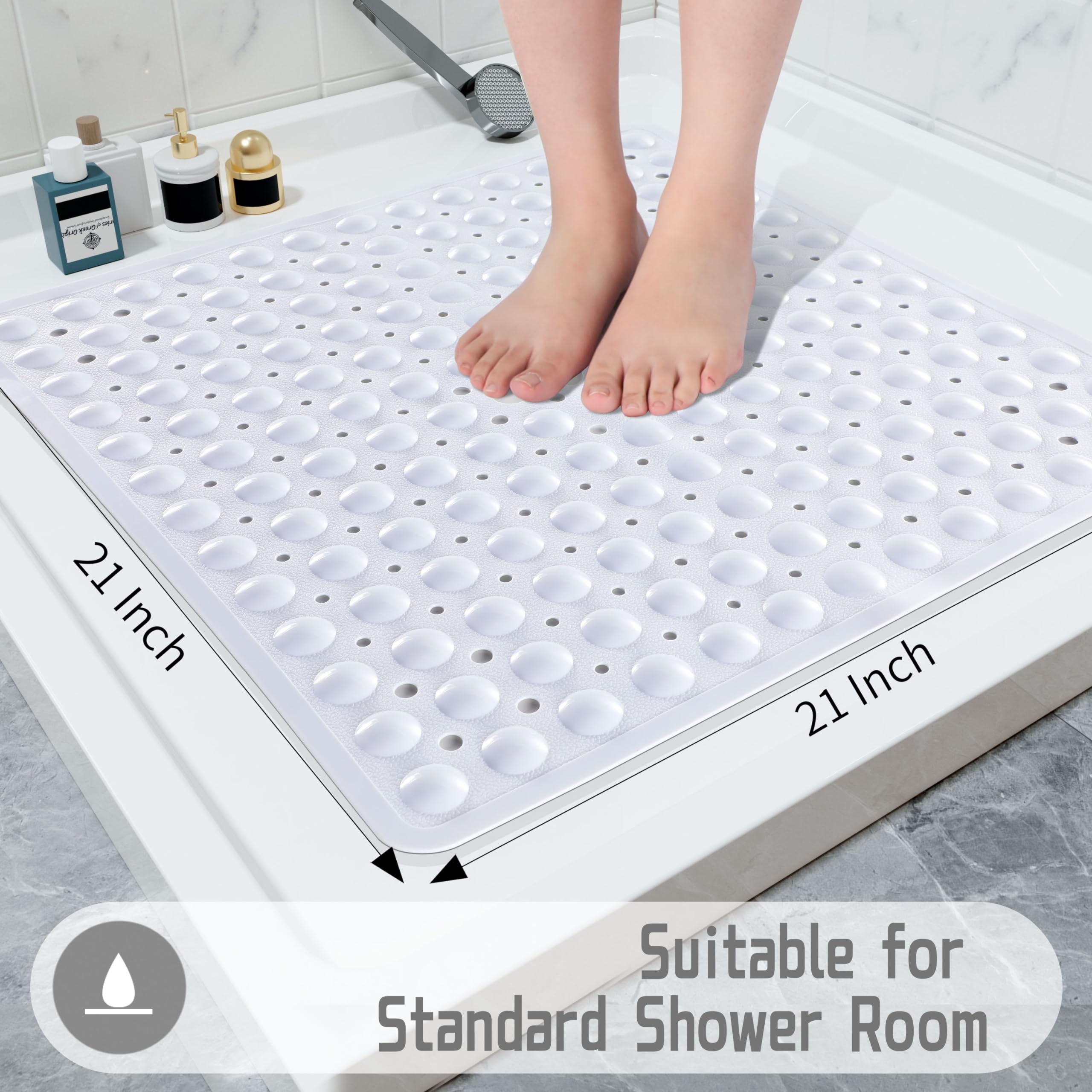 Yimobra Shower Bathtub Mat Non Slip  21x21 Inch  Soft Square Bath Mat for Tub with Suction Cups and Drain Holes  Stall Floor Mats for Bathroom  Machine Washable  Bathroom Accessories  White