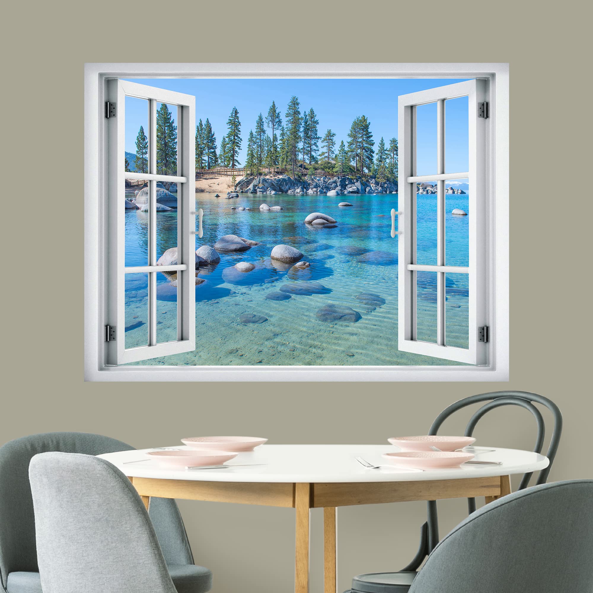 wall26 Removable Wall Sticker/Wall Mural Window View Vibrant Summer Season Forest Vibrant Lake Nature Wilderness Photography Realism Landscape Multicolor for Living Room  Bedroom  Office - 36''x48''