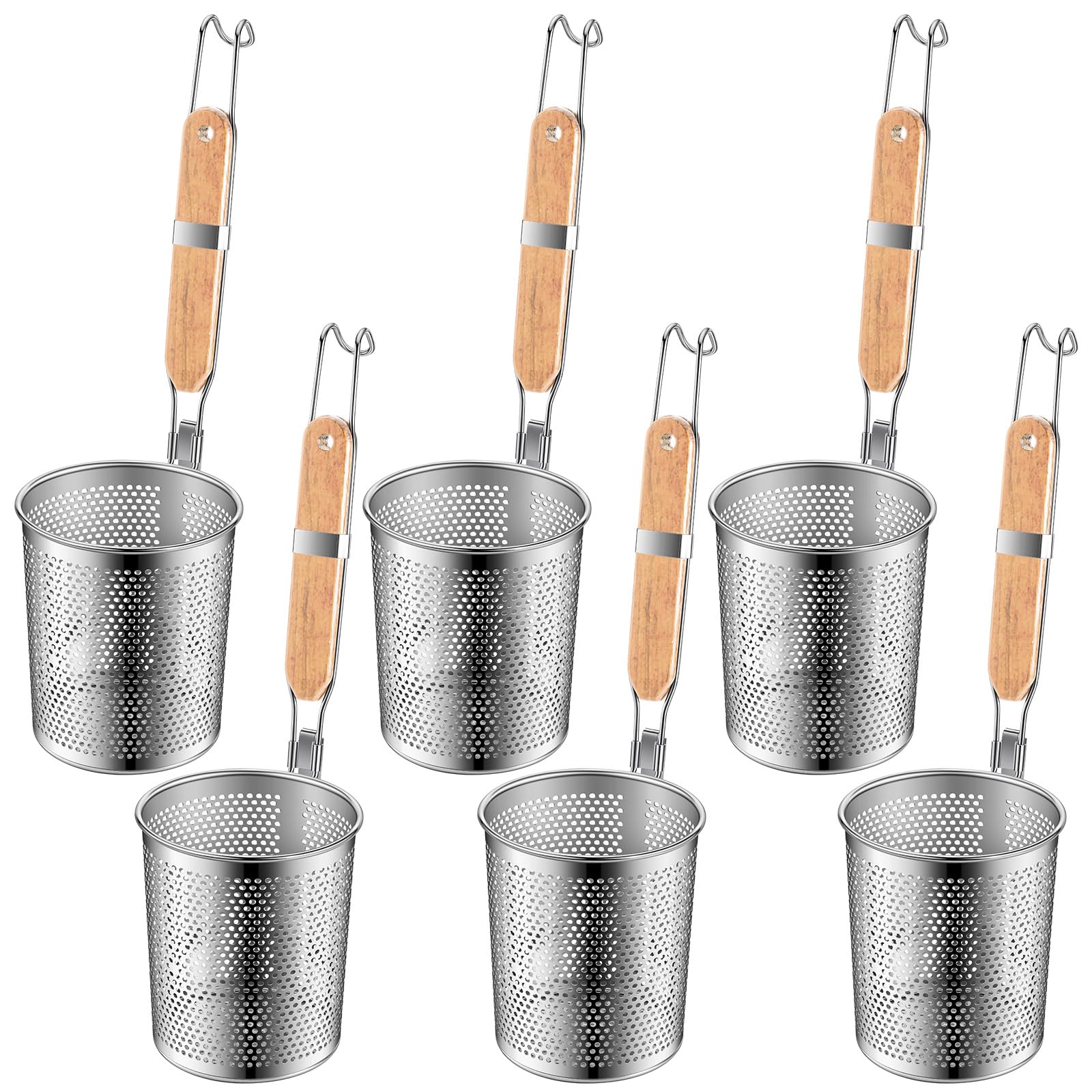 Tessco for you 6 Pcs Stainless Steel Pasta Basket with Wood Handle Pasta Strainer Kitchen Mesh Spider Noodle Strainer Skimmer Fo