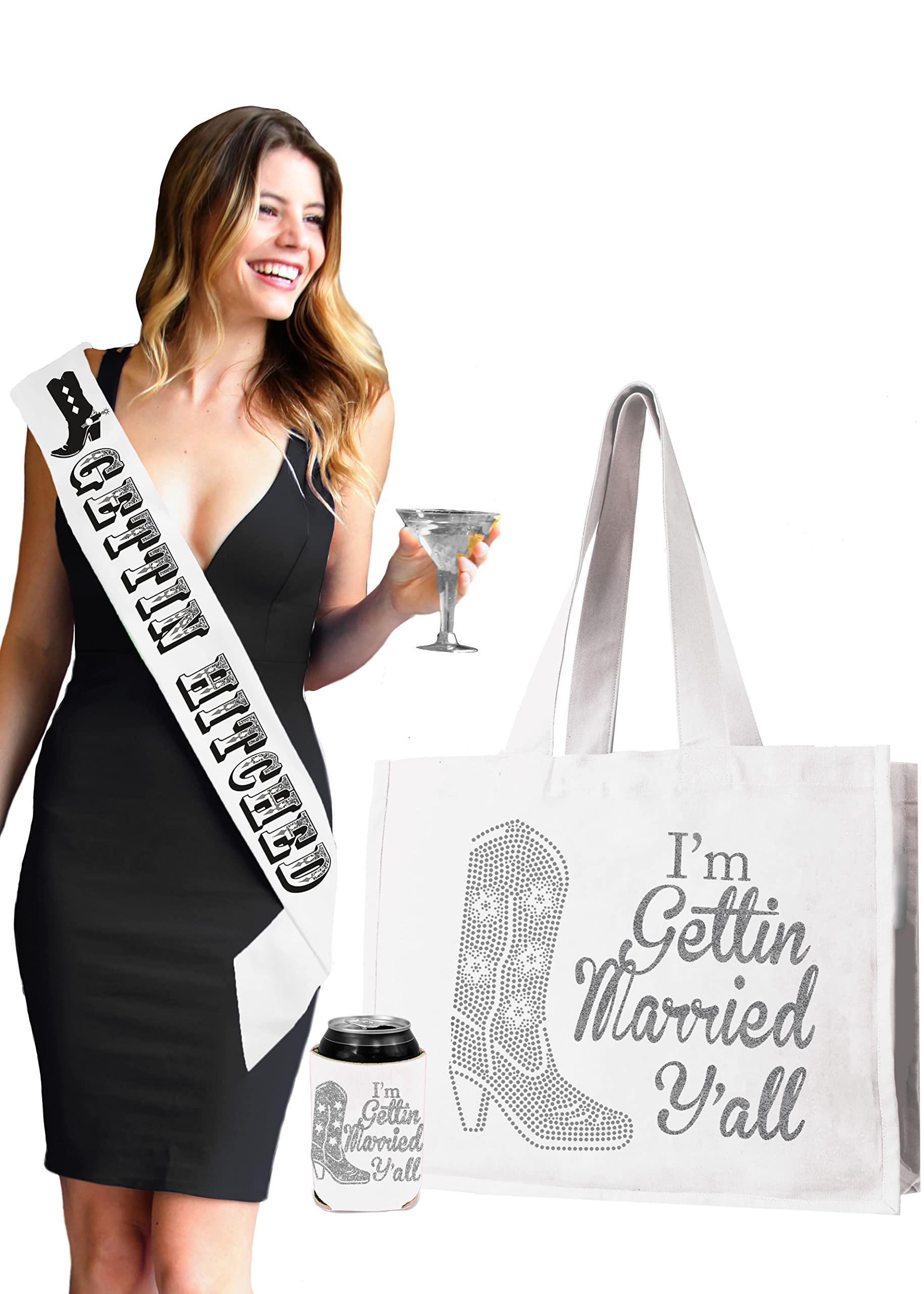 Country Bride Gift - Set Of 3: Silver Glitter Gettin Hitched White Satin Sash, Silver Rhinestone I'M Gettin Married Yall White T