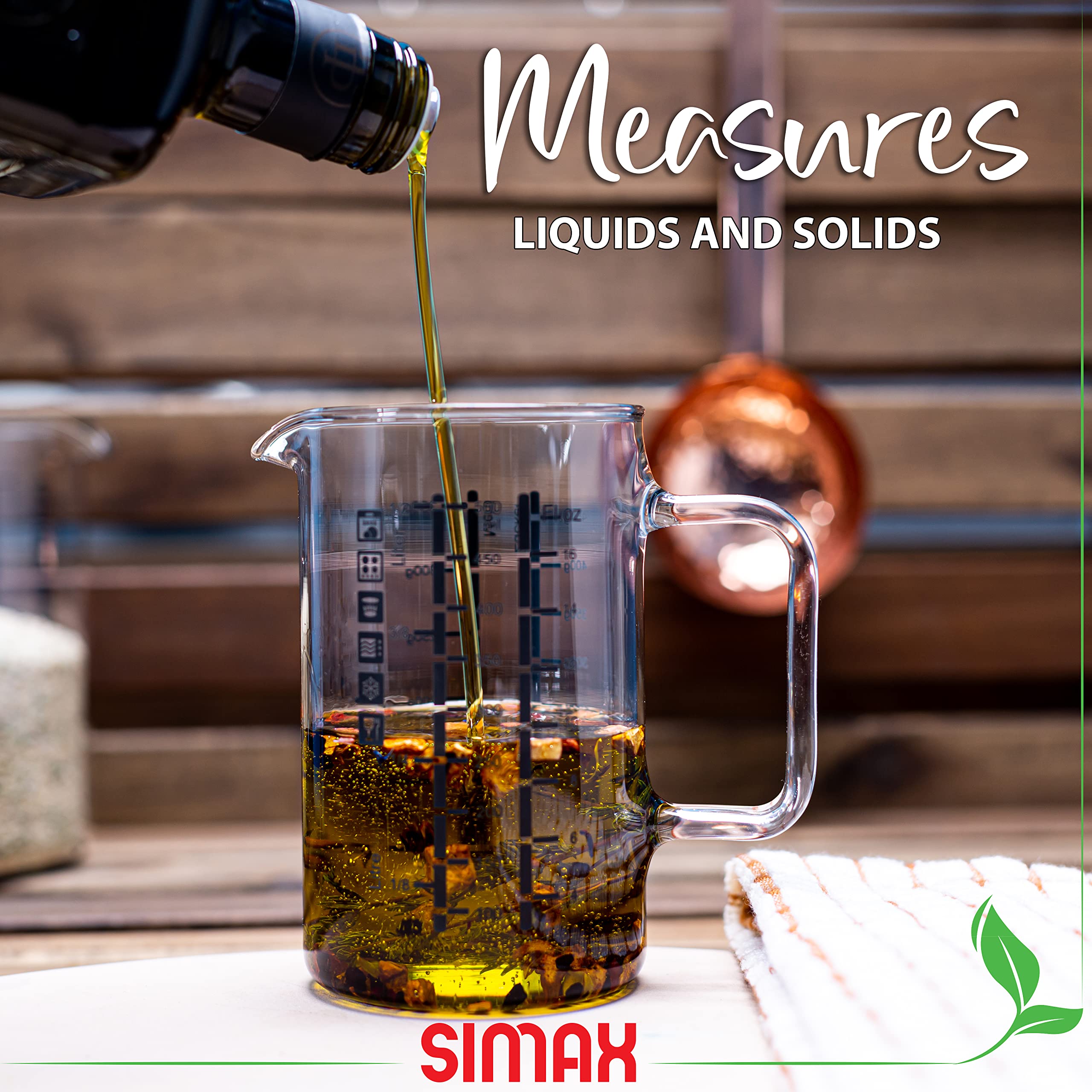 Simax Glass Measuring Cup | Durable Borosilicate Glass, Easy To Read Metric Measurements- Liter, Milliliter, Ounce, Sugar Grams,