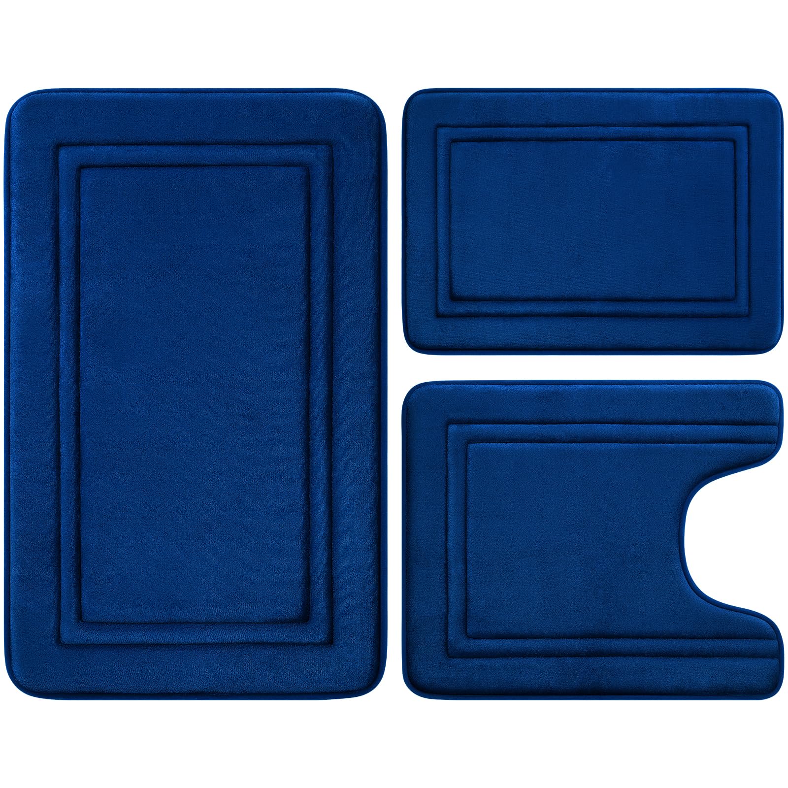 Bysure Navy Blue Memory Foam Bath Mat, Non Slip Extra Soft Absorbent Machine Washable, Bathroom Rugs Sets 3 Piece For Toilet Sho