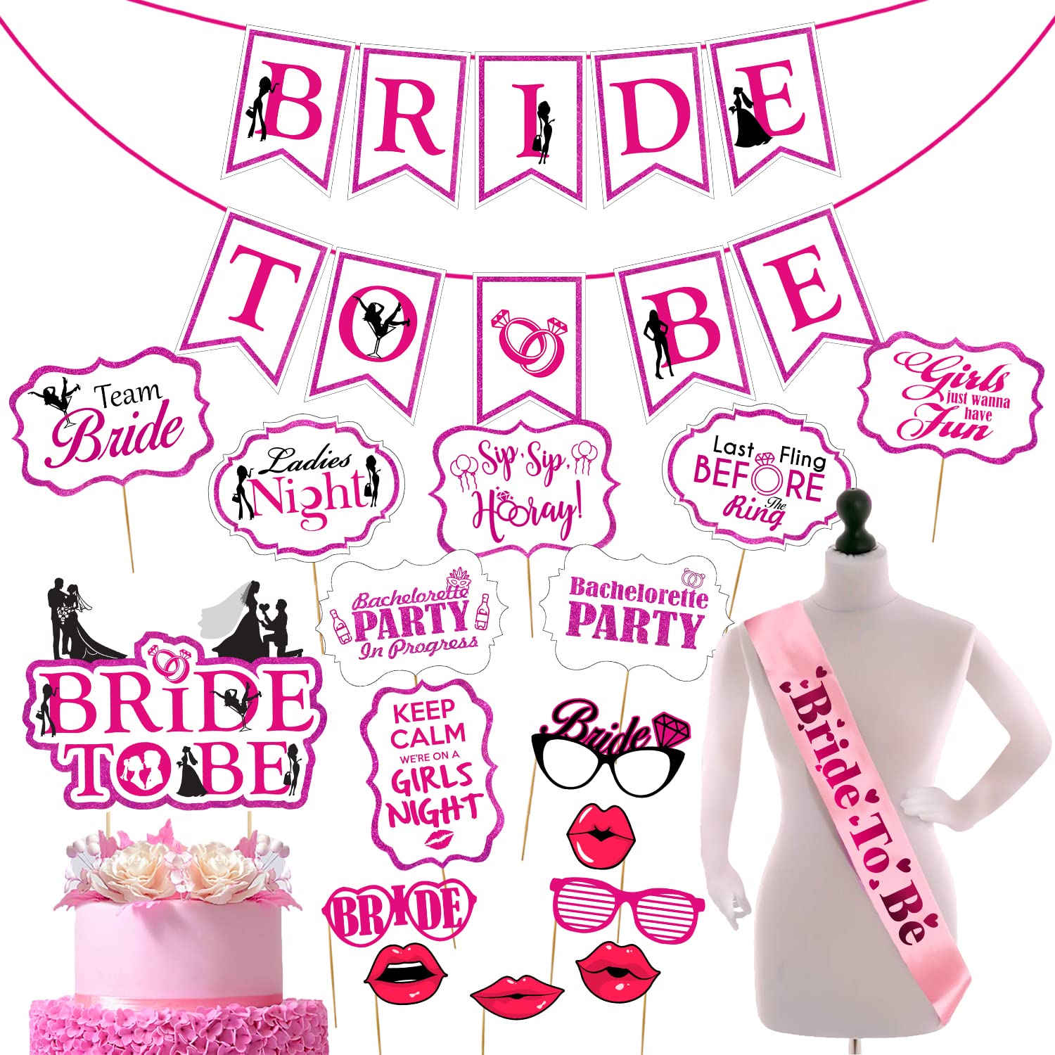 Zyozique Bachelorette Party Kit | Bride to be Sash | Paper Banner | Photo Booth Props | Cake Topper | Bride to be Gift | Engagem