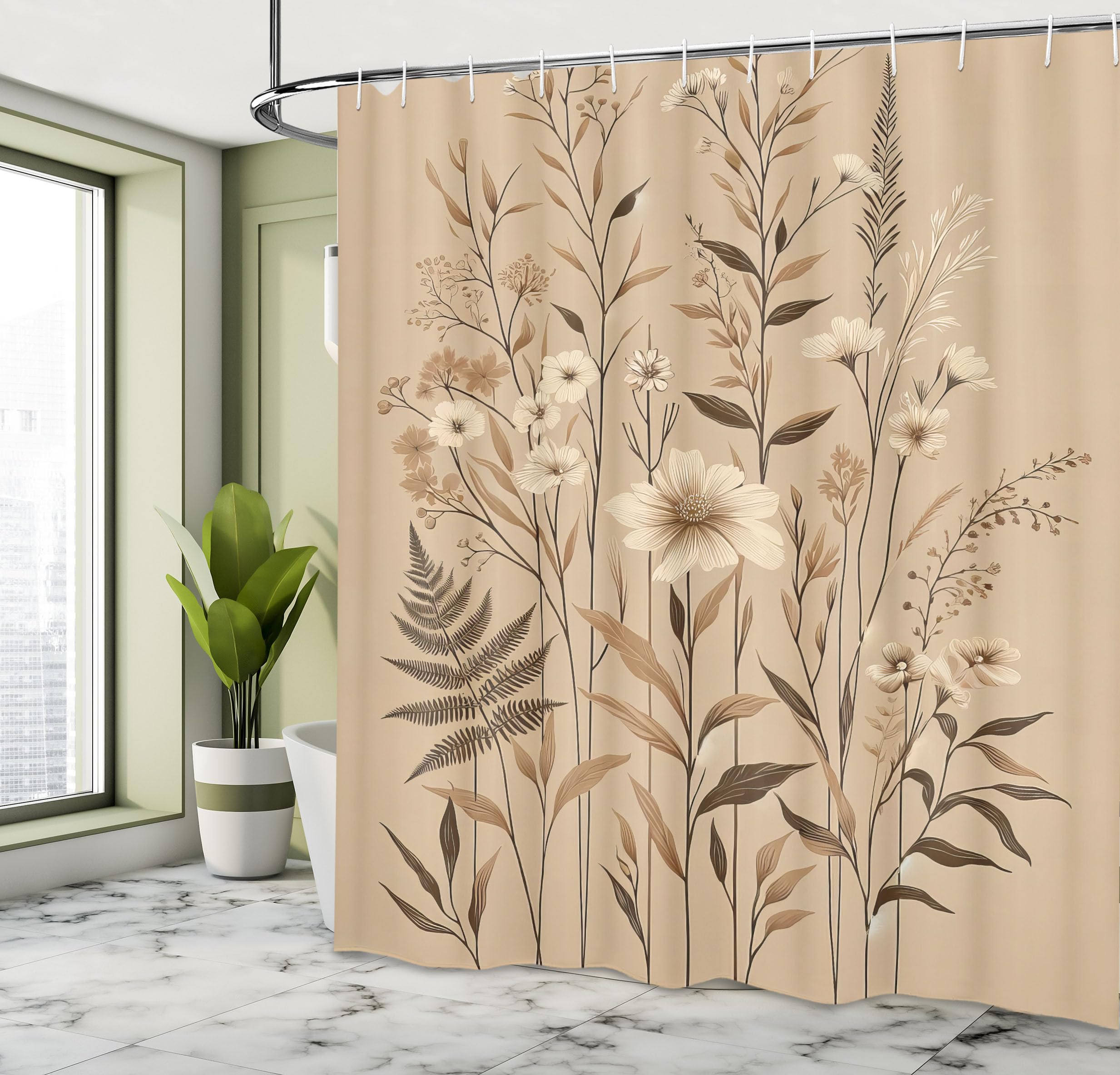 Ambesonne Tan Shower Curtain, Romantic Boho Nostalgic Minimalistic Monochromatic Wild Flowers Painting Print, Cloth Fabric Bathr
