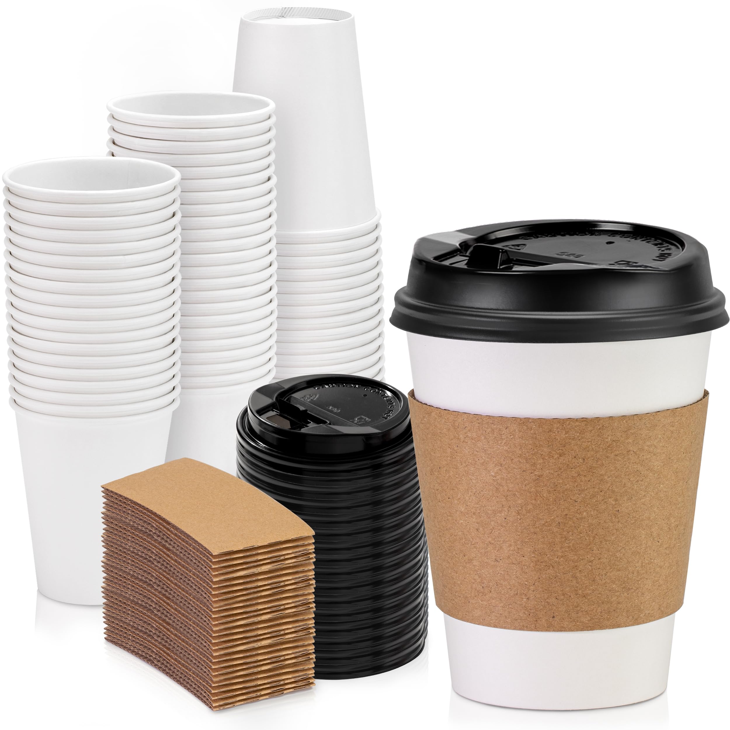 Fit Meal Prep 50 Pack 12 Oz Disposable Coffee Cups With Lids, Sleeves And Stirrers, Premium To Go Coffee Cups With Lids, Durable