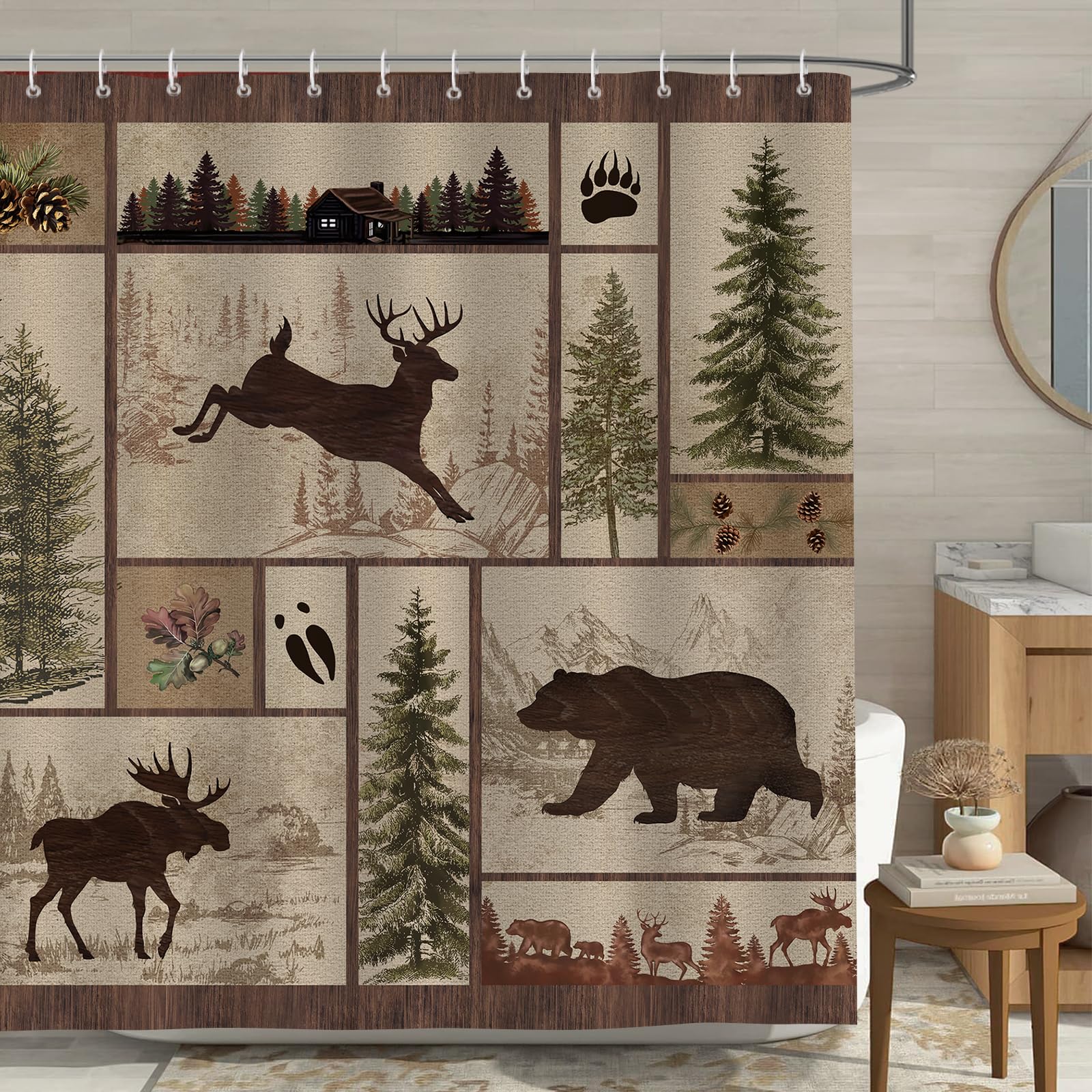 Bonhause Rustic Cabin Shower Curtain, Vintage Country Bear Deer Moose Forest Woodland Farmhouse Bathroom Curtain 72X72 Inch Poly