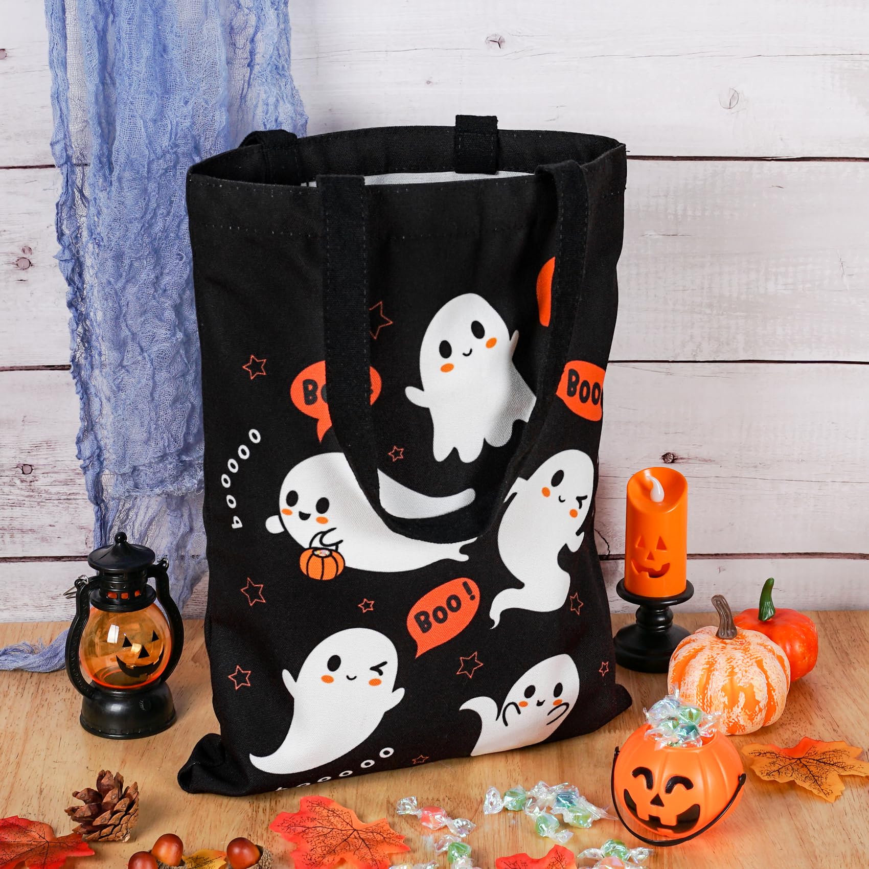 Atfunshop Halloween Tote Bag 15.7'' Trick Or Treat Bag Halloween Canvas Bags Reusable Large Halloween Bag For Kids Ghost