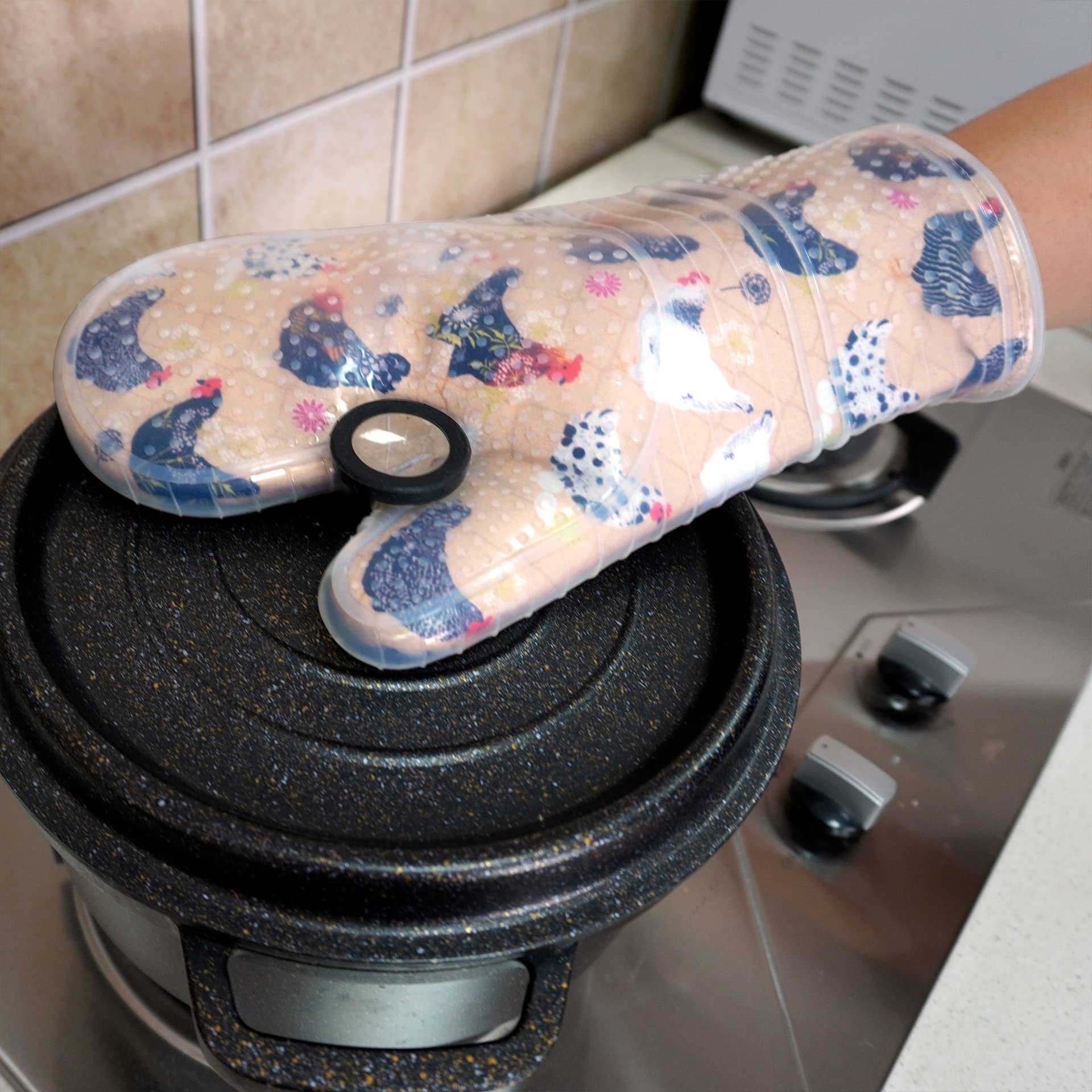 Red Lmldeta Oven Mitts Set Of 2 With Transparent Clear Silicone Shell And Nice Shell Flower Cotton Lining, Heat Resistant To 500