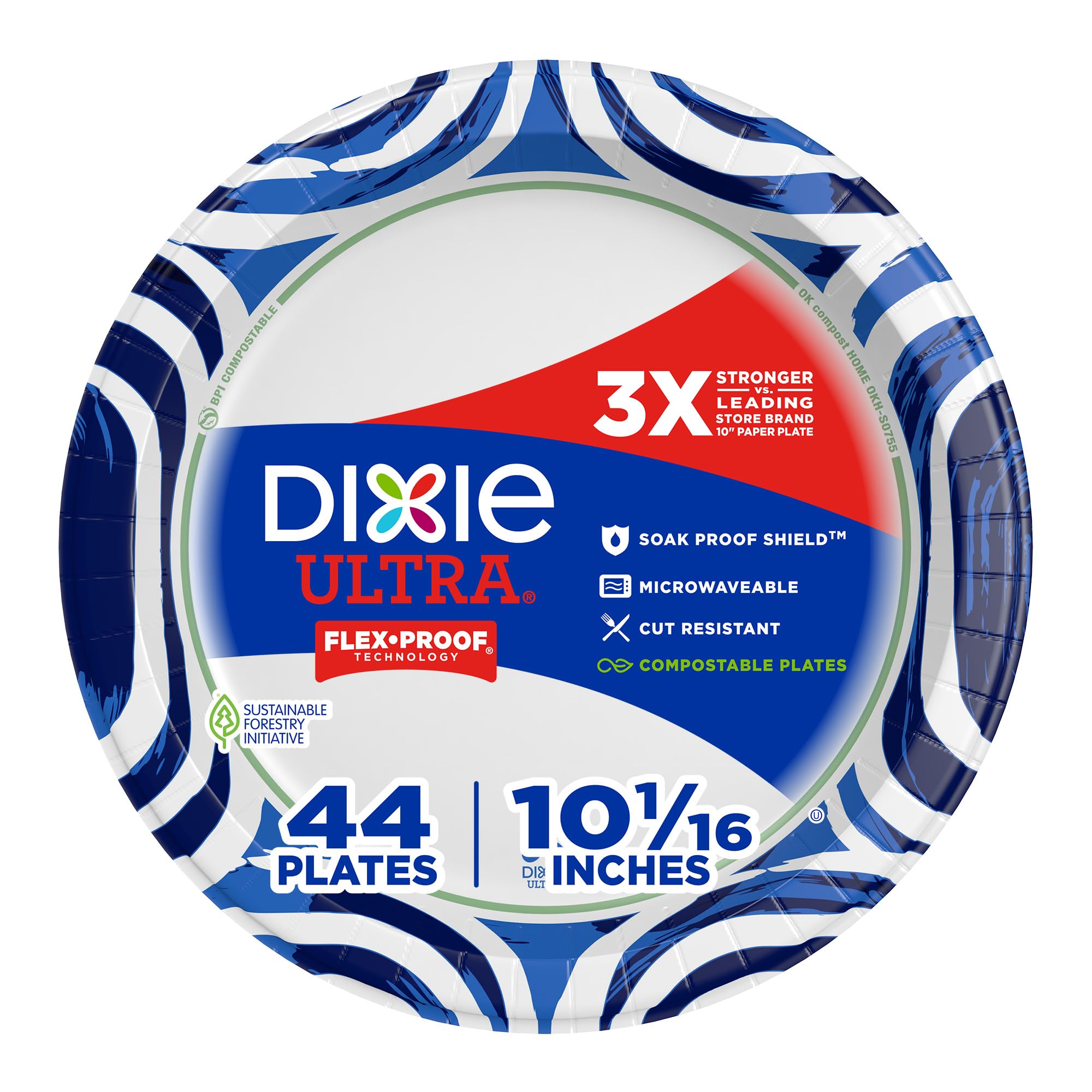 Dixie Ultra, Large Paper Plates, 10 Inch, 44 Count, 3X Stronger*, Heavy Duty, Microwave-Safe, Soak-Proof, Cut Resistant, Disposa