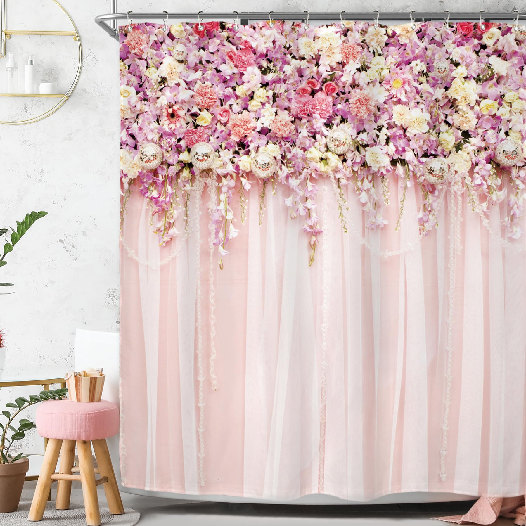 Riyidecor Pink Bridal Floral Shower Curtain For Bathroom 72Wx72H Inch Flower Rose Pattern Bath Set For Woman Girl Spring Nature