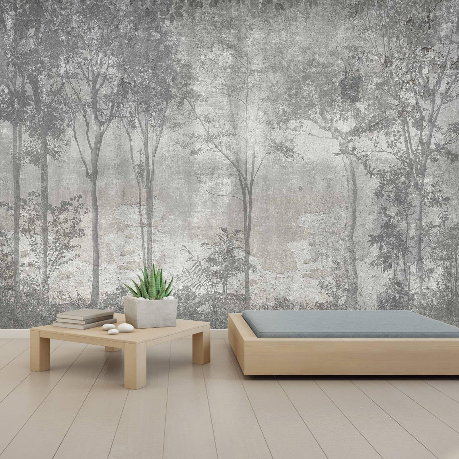 WFBHUA-Vintage Forest Wall Mural Peel and Stick Grey Woods Self Adhesive Wallpaper Mural for Living Room Bedroom 157x108