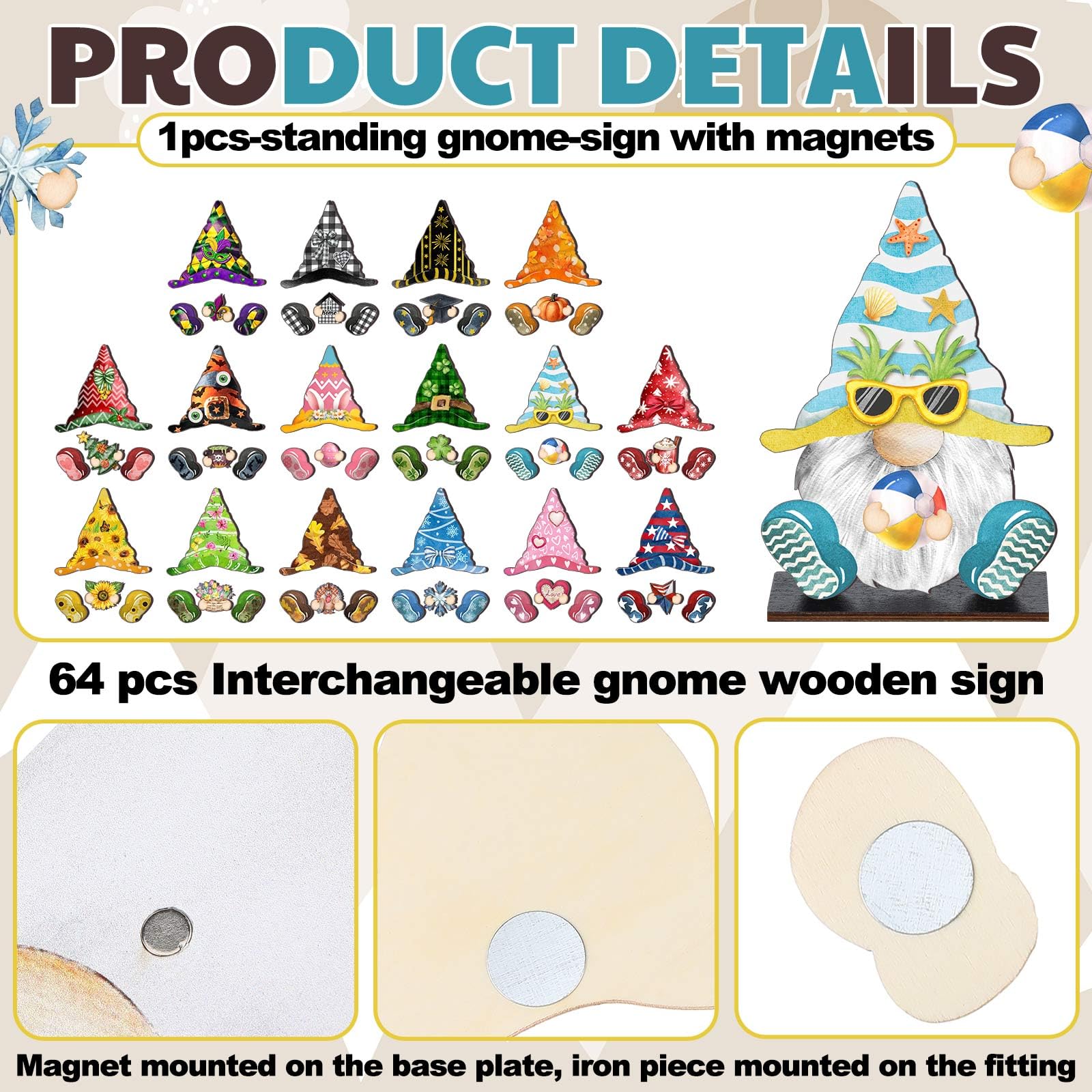 Blulu 34 Pcs Christmas Interchangeable Wooden Gnome Decor DIY Holiday Christmas Seasonal Tiered Tray Decoration Gnomes with Magn
