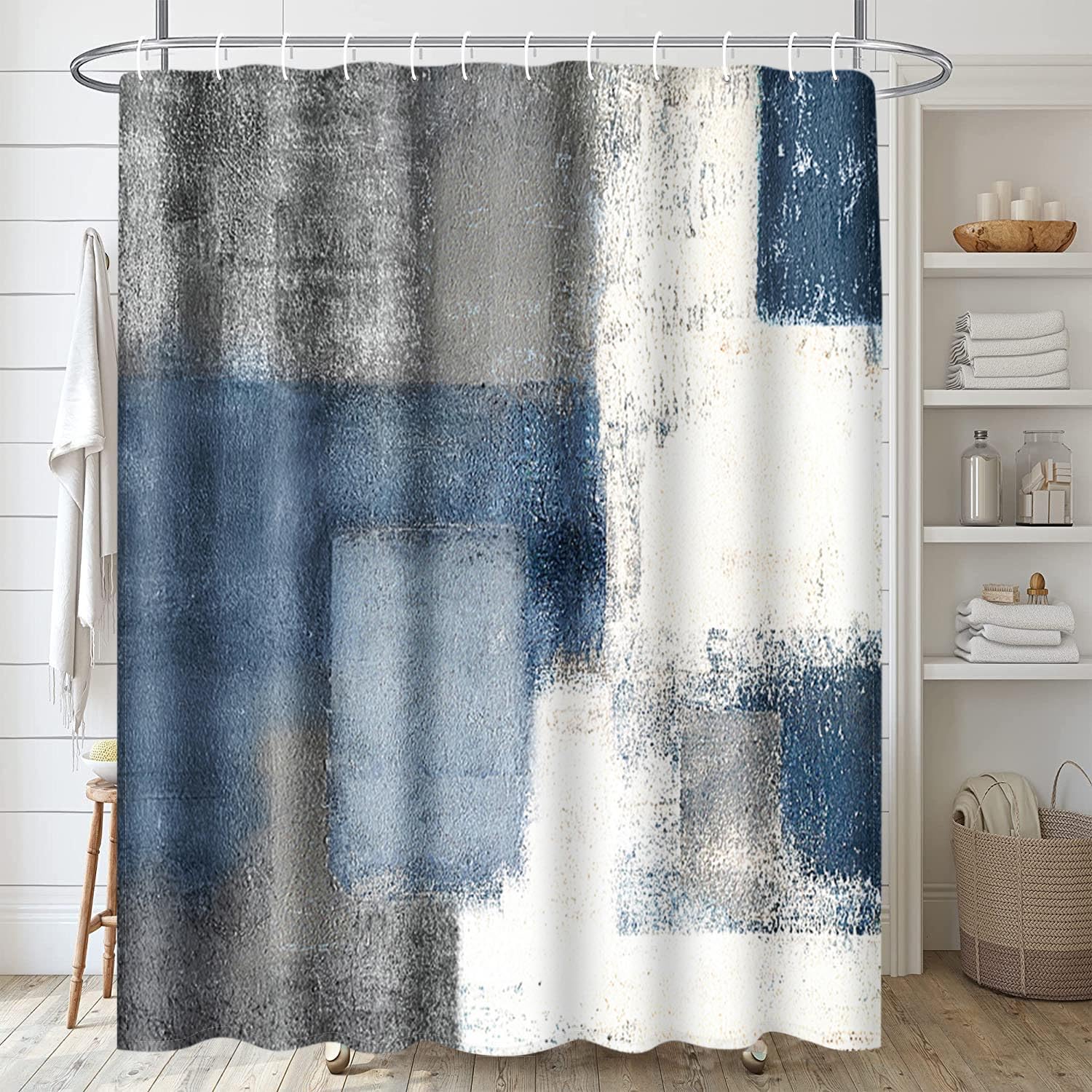 ArtSocket 4 Pcs Shower Curtain Set Blue Grey Abstract Painting Gray Vintage Retro with Non-Slip Rugs Toilet Lid Cover and Bath Mat Bathroom Decor Set 72'' x 72''
