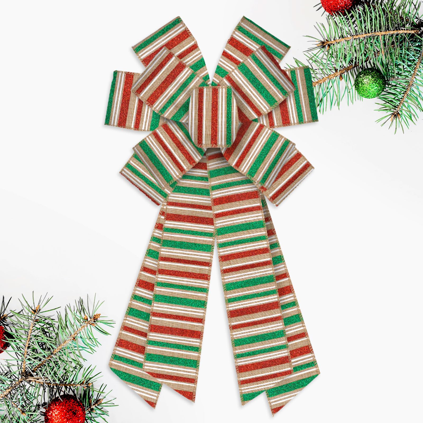 Blinket Large Christmas Stripe Burlap Wreath Bow, 11.42    20.86 inch Red Green Gold Striped Bow for Holiday Tree Topper, Front 