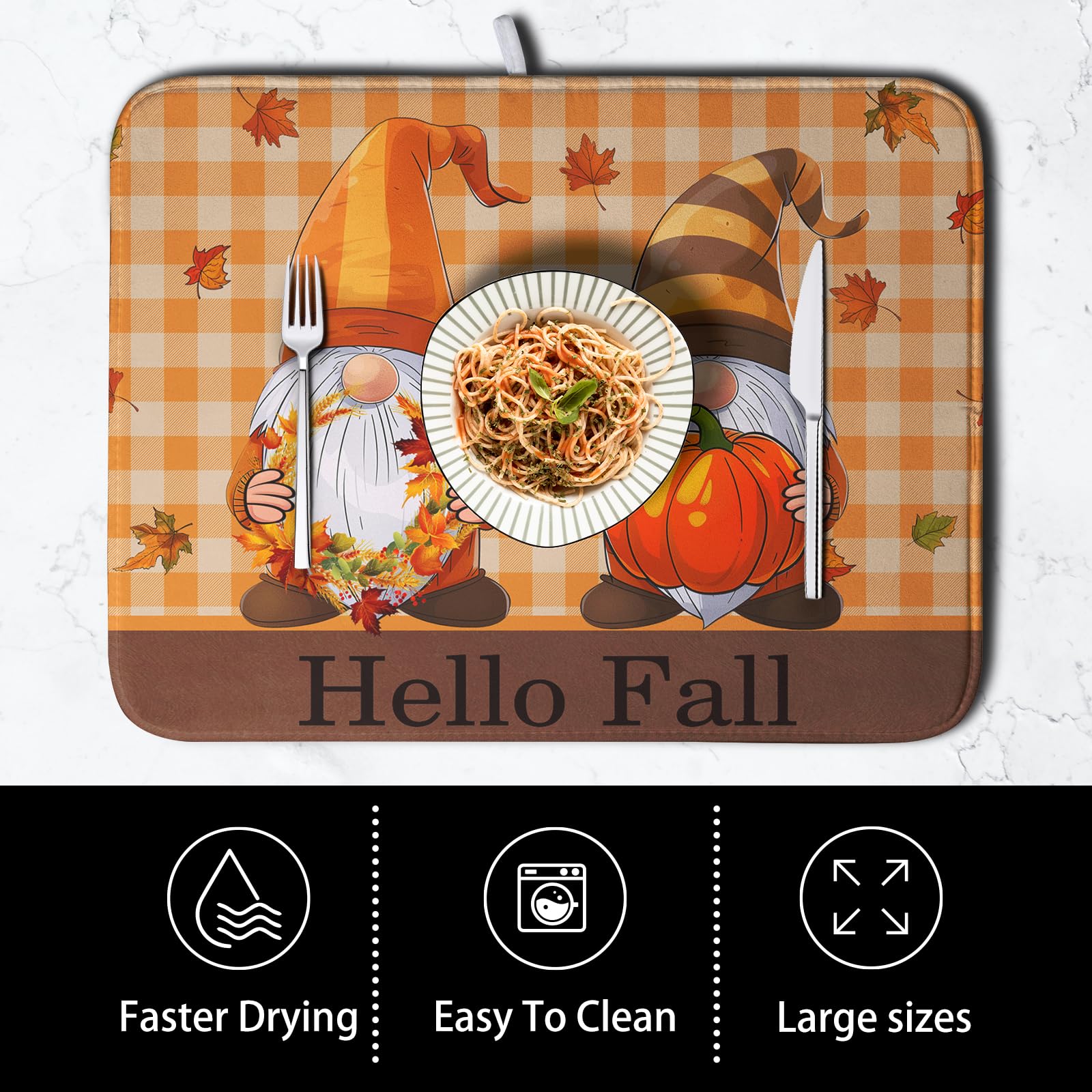 Hello Fall Autumn Gnomes Dish Drying Mat 16x18 Thanksgiving Pumpkin Maple Leaves Harvest Kitchen Drying Mat Orange White Buffalo