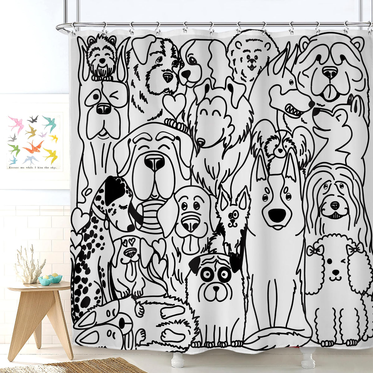Svbright Funny Cute Dog Shower Curtain 72Wx72L Inch Cartoon Black And White Lovely Animals Silhouette For Kids Kawaii Cool Hilar