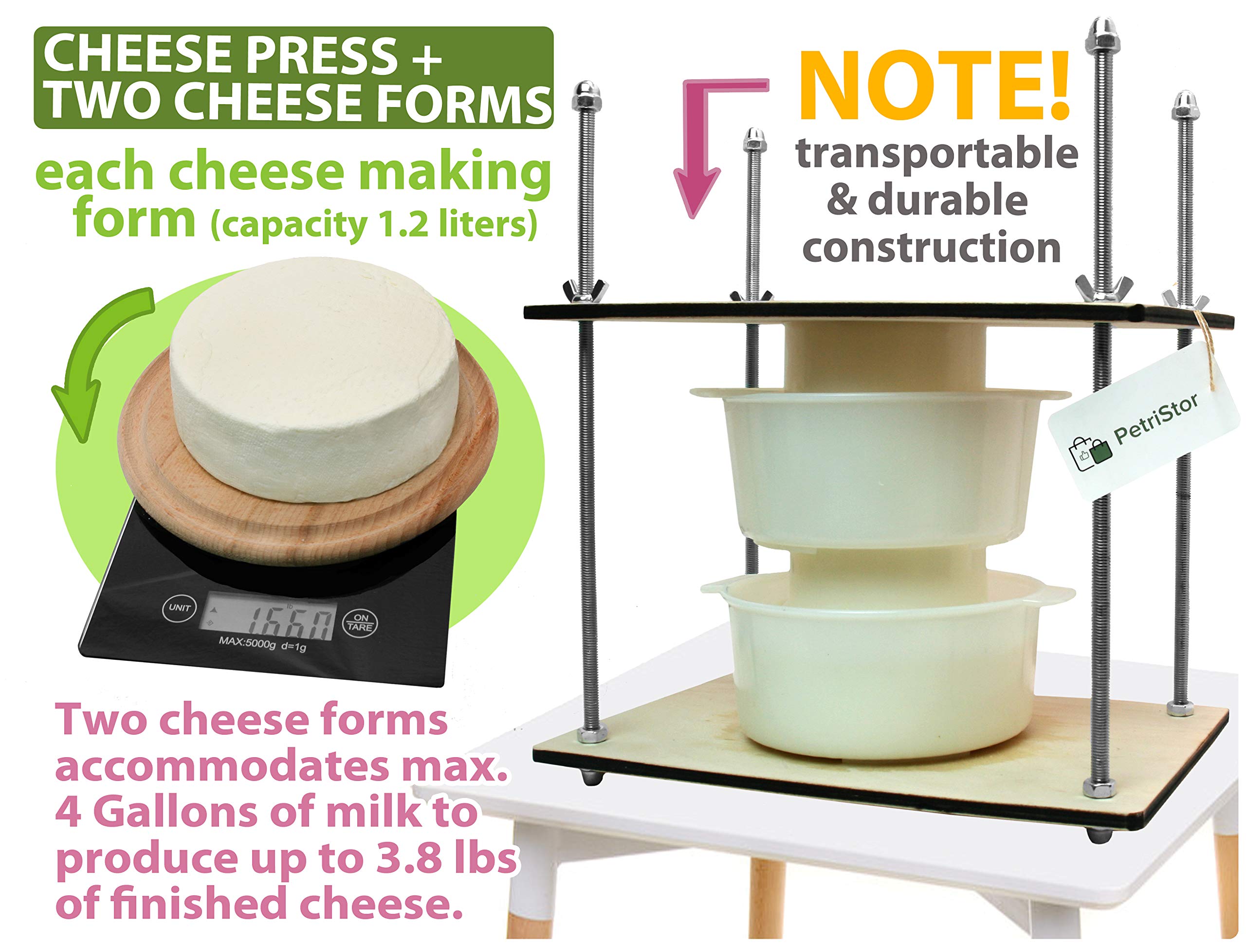 Petristor Wooden Cheese Press For Cheese Making Supplies 12In Metal Guides 13In And 2 Cheese Mold With Follower Piston 1.3Qt - L