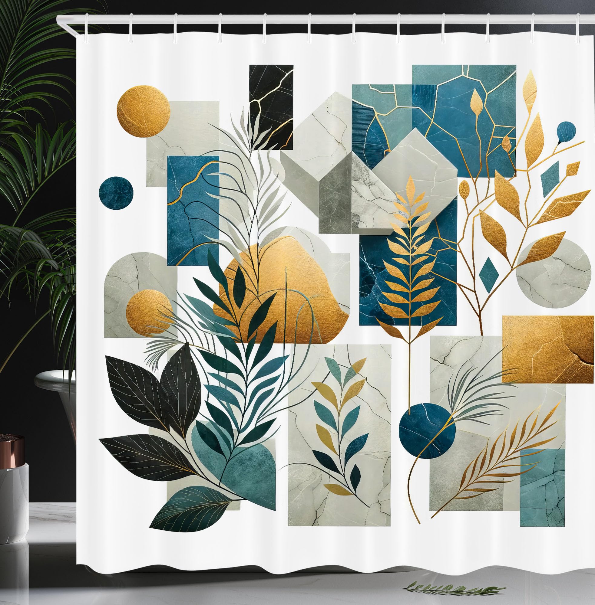 Ambesonne Aesthetic Shower Curtain, Abstract Geometric Style Marble Print Forms Leaves Branches Modern, Cloth Fabric Bathroom De