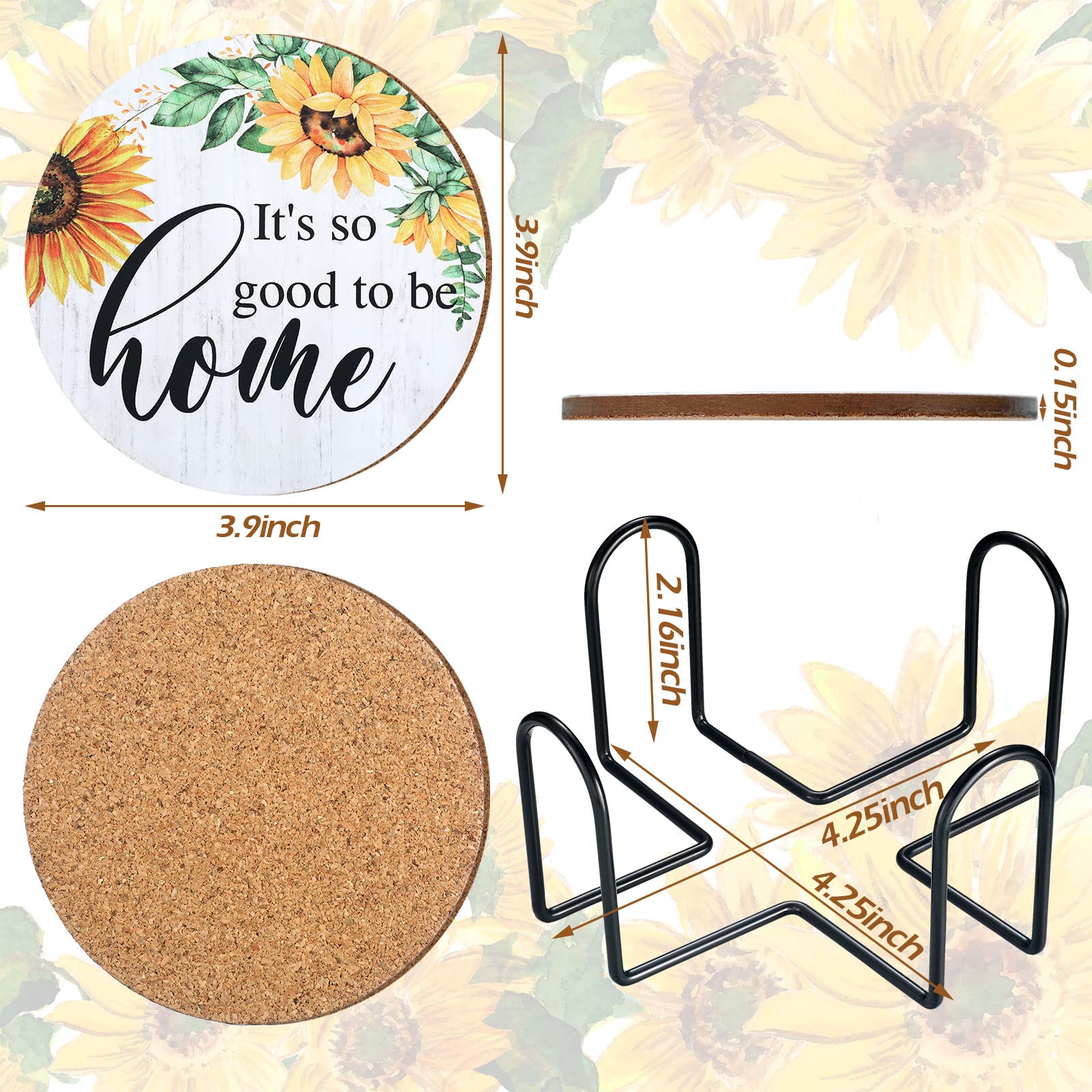 Chengu 6 Pieces Vintage Sunflower Drink Coasters With Holder Absorbent Coaster Sunflower Wood Drink Coasters Thank You Gifts For