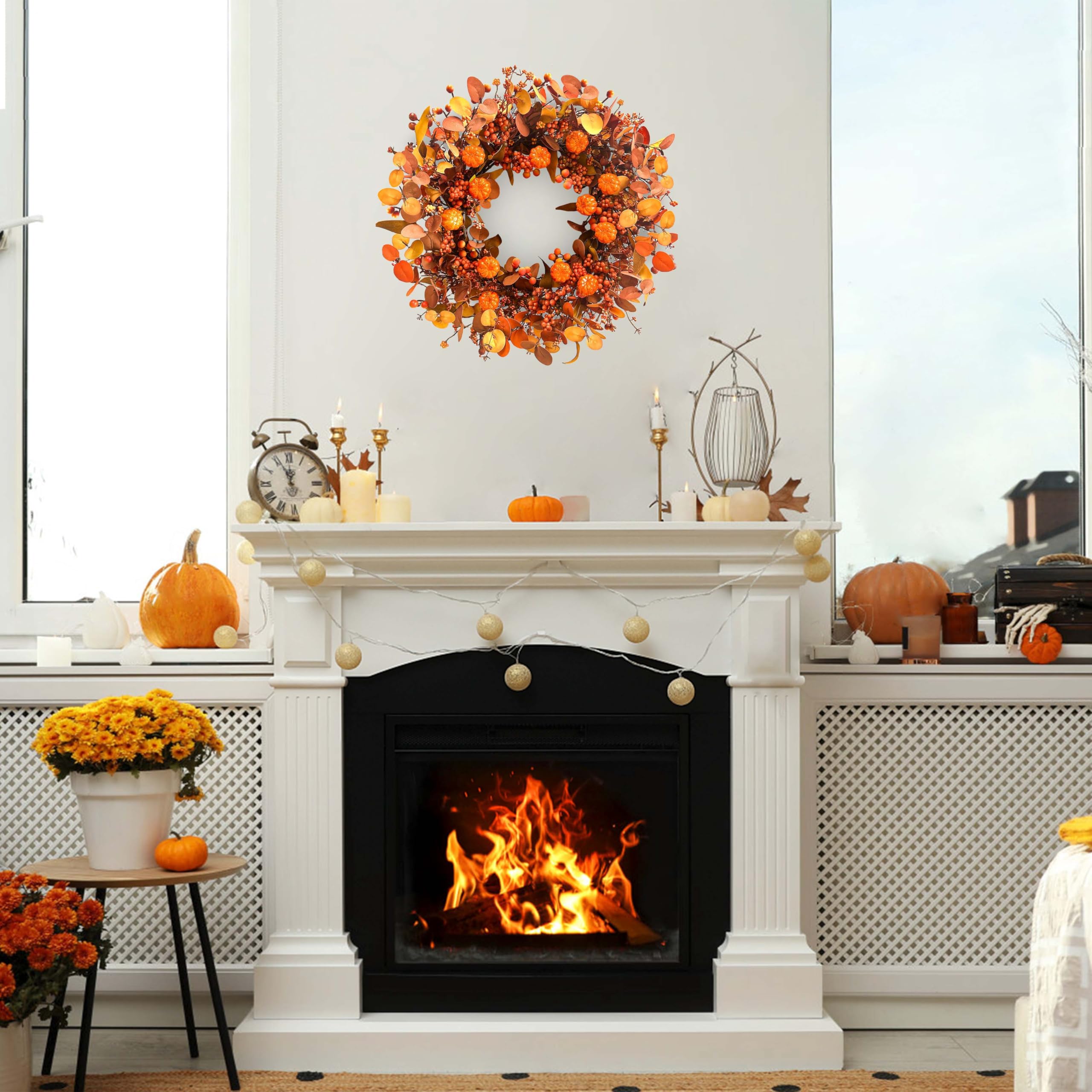 MAINGKAUNG Fall Wreath 22 Inch Fall Wreaths for Front Door Autumn Pumpkin Wreaths with Orange Eucalyptus Leaves and Berries for