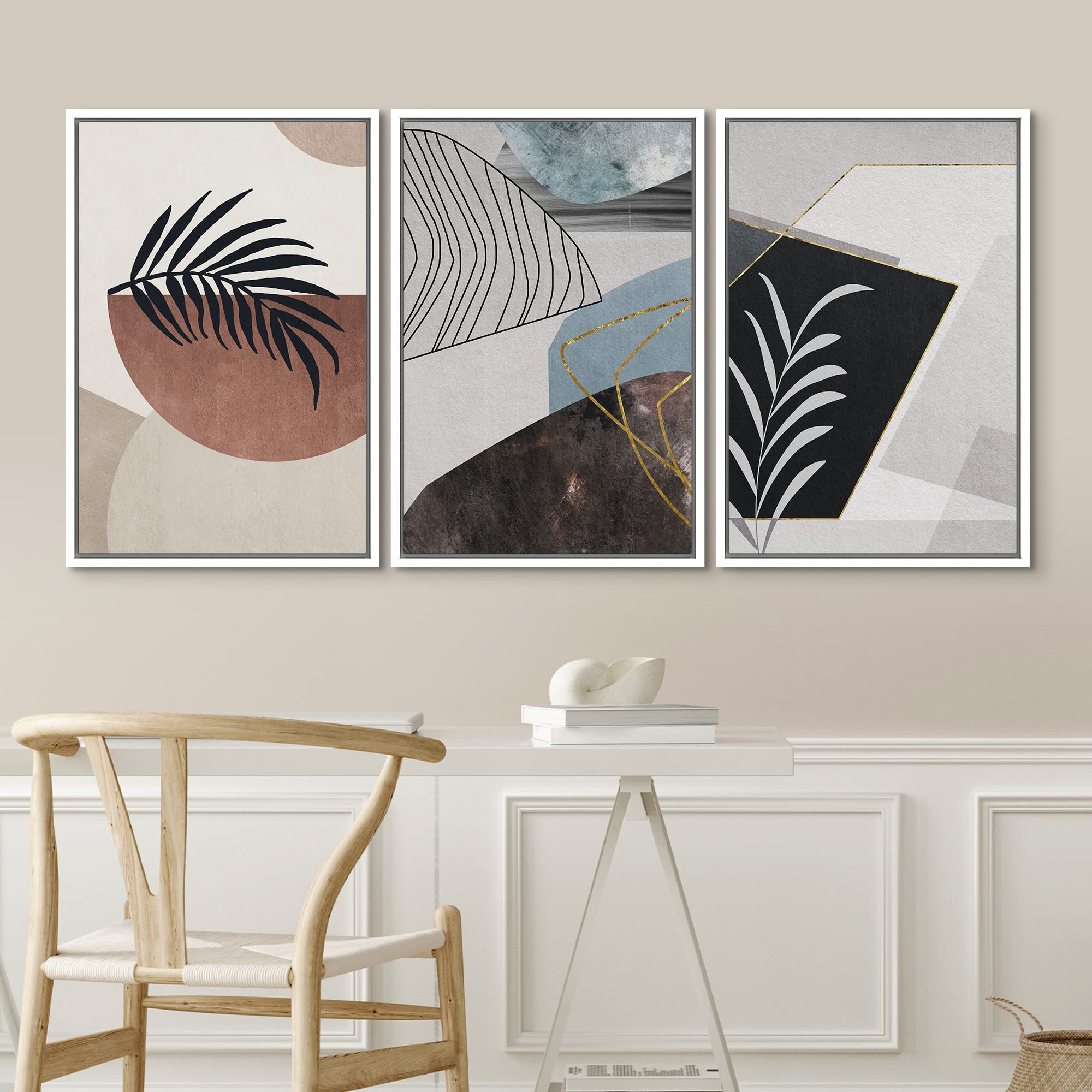Idea4Wall Framed Canvas Print Wall Art Set Geometric Mid-Century Palm Leaf Collage Abstract Nature Illustrations Modern Art Nord