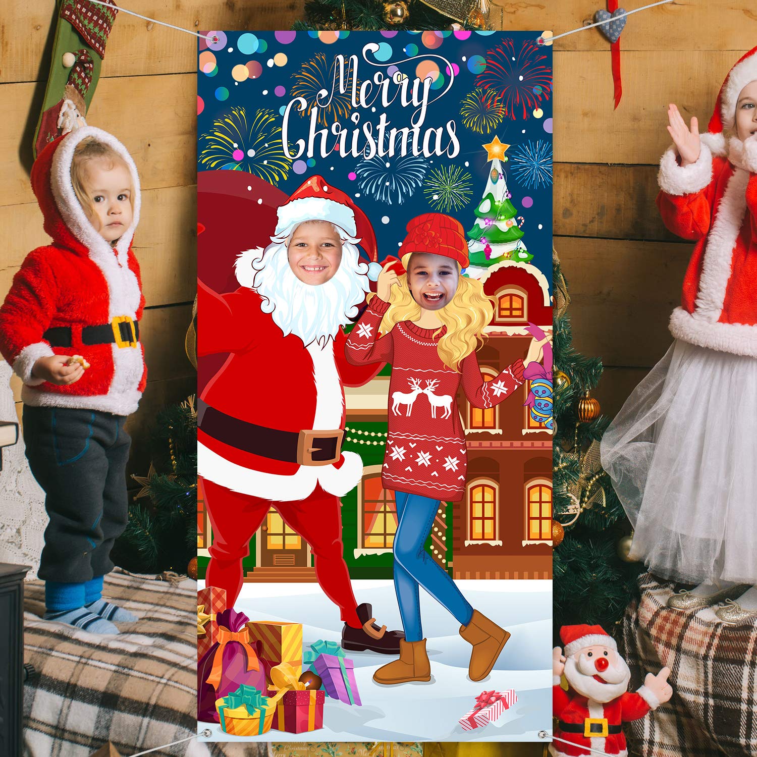 Christmas Party Decorations Christmas Photo Door Banner Backdrop Props, Giant Fabric Photo Booth Background Funny Christmas Game