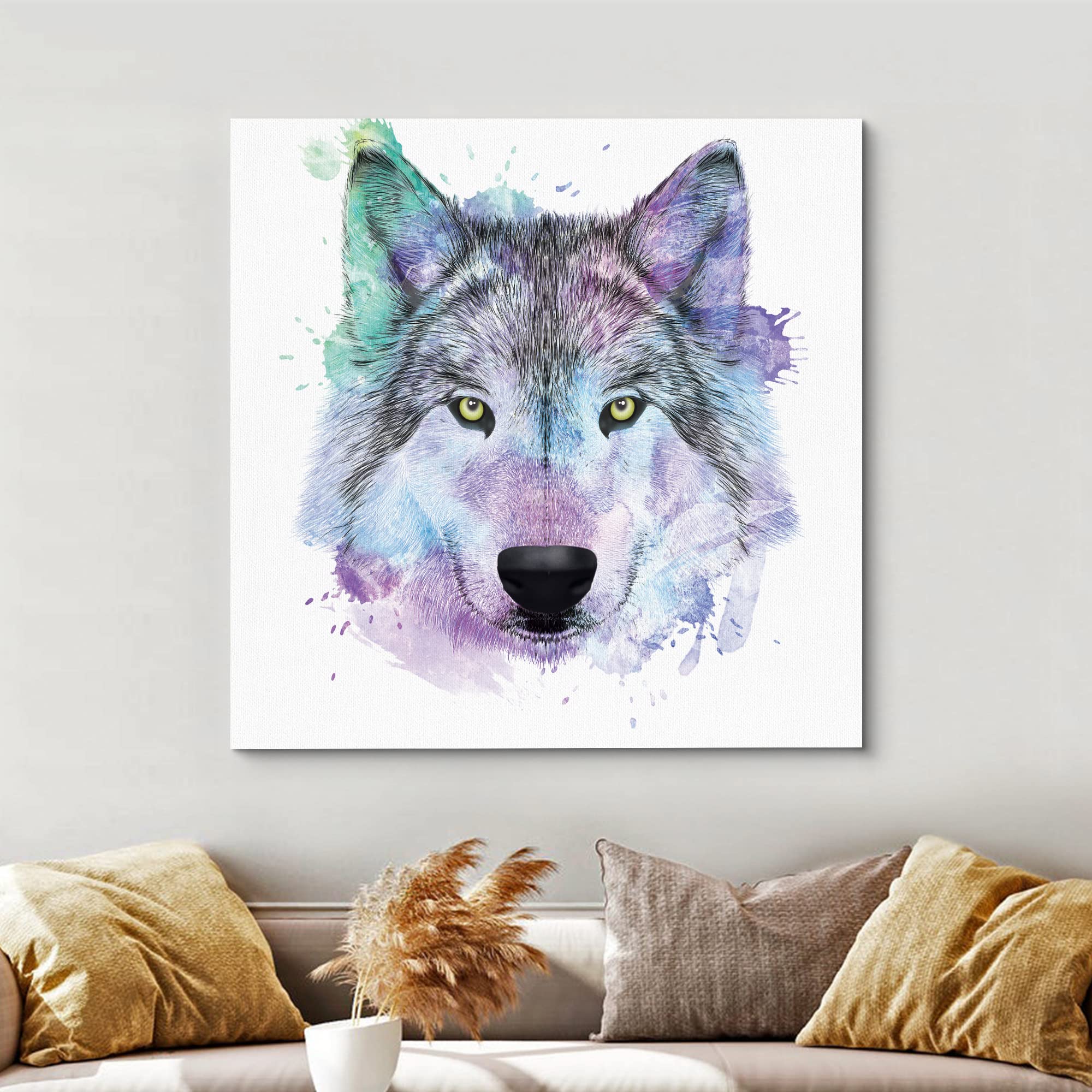 Wall26 - Fun And Colorful Splattered Watercolor Wolf - Canvas Art Home Art - 16X16 Inches