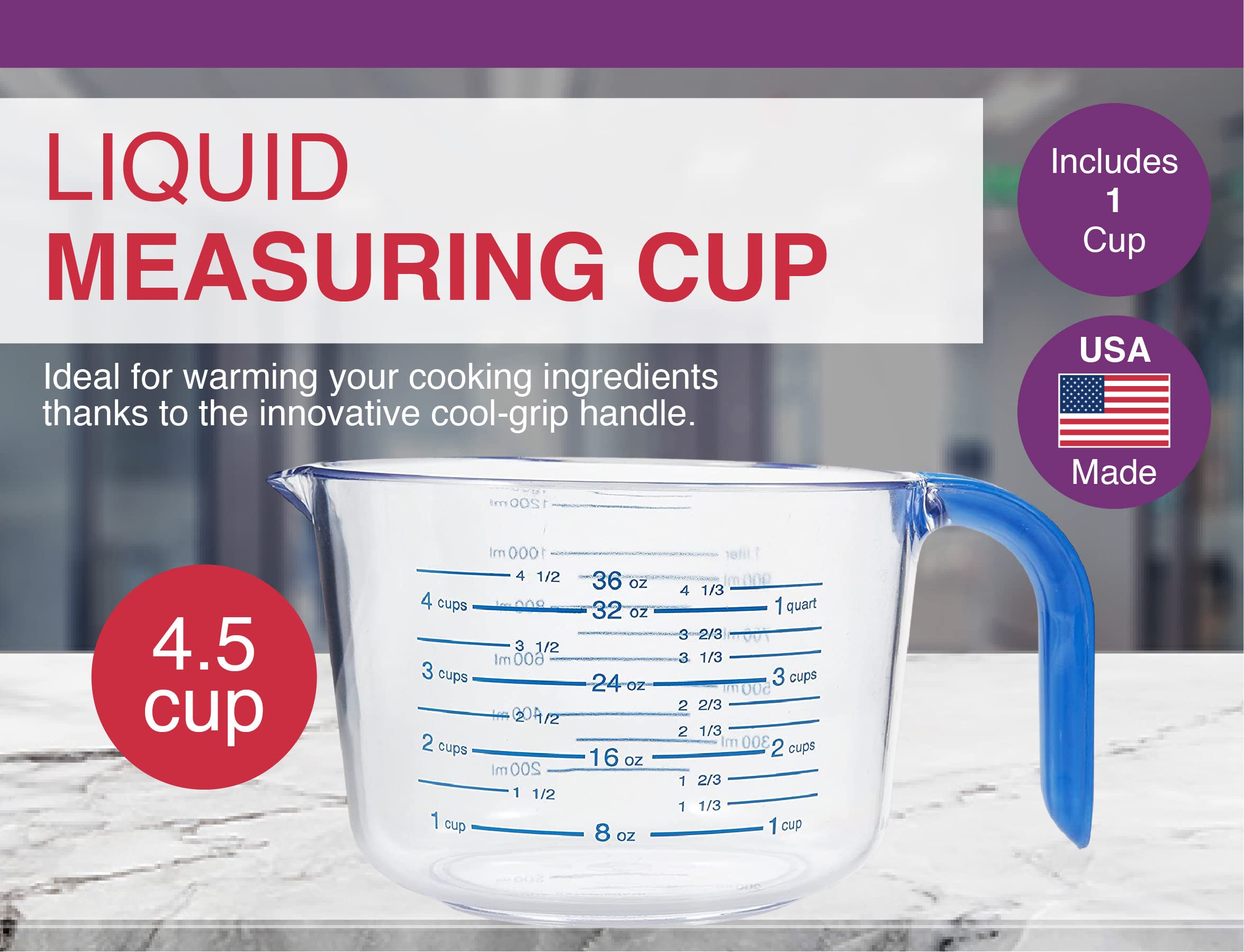 Arrow Home Products Plastic Measuring Cups For Liquids, 4.5 Cups - With Cool-Grip Handle - Bpa-Free, Stackable Measuring Cups Wi