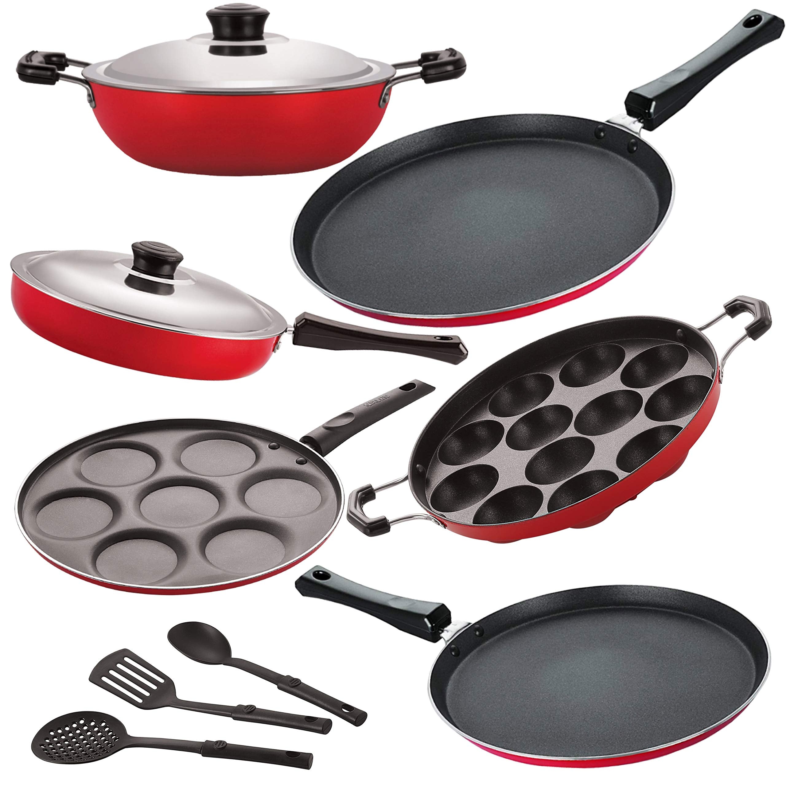 Nirlon NonStick Aluminium Cookware Set, Gas Compatible  9Piece, 2.6Mm_Ft13_Ft12_Dkdm_Ap_Up_Fp12_3Spn