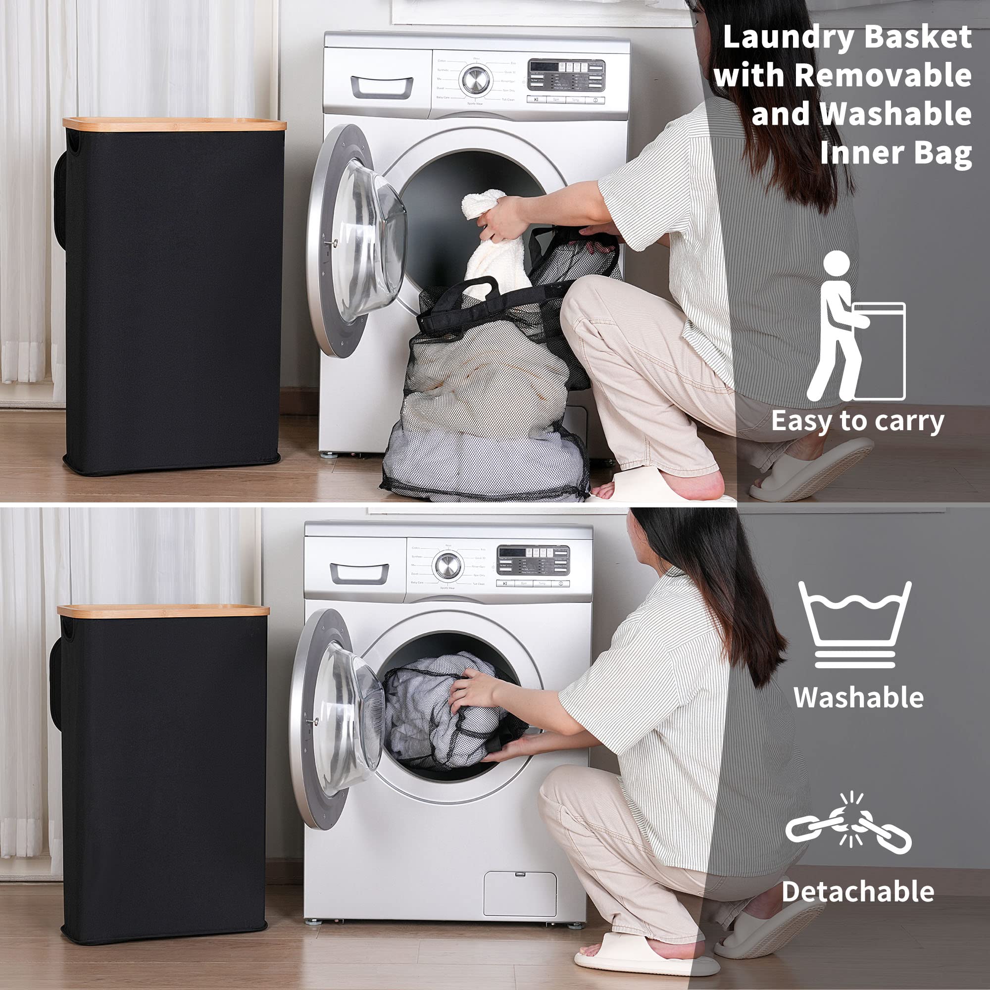 Iegrow Laundry Basket, 60L Washing Basket With Lid And Handle, Slim Foldable Laundry Hamper With Removable And Washable Inner Ba
