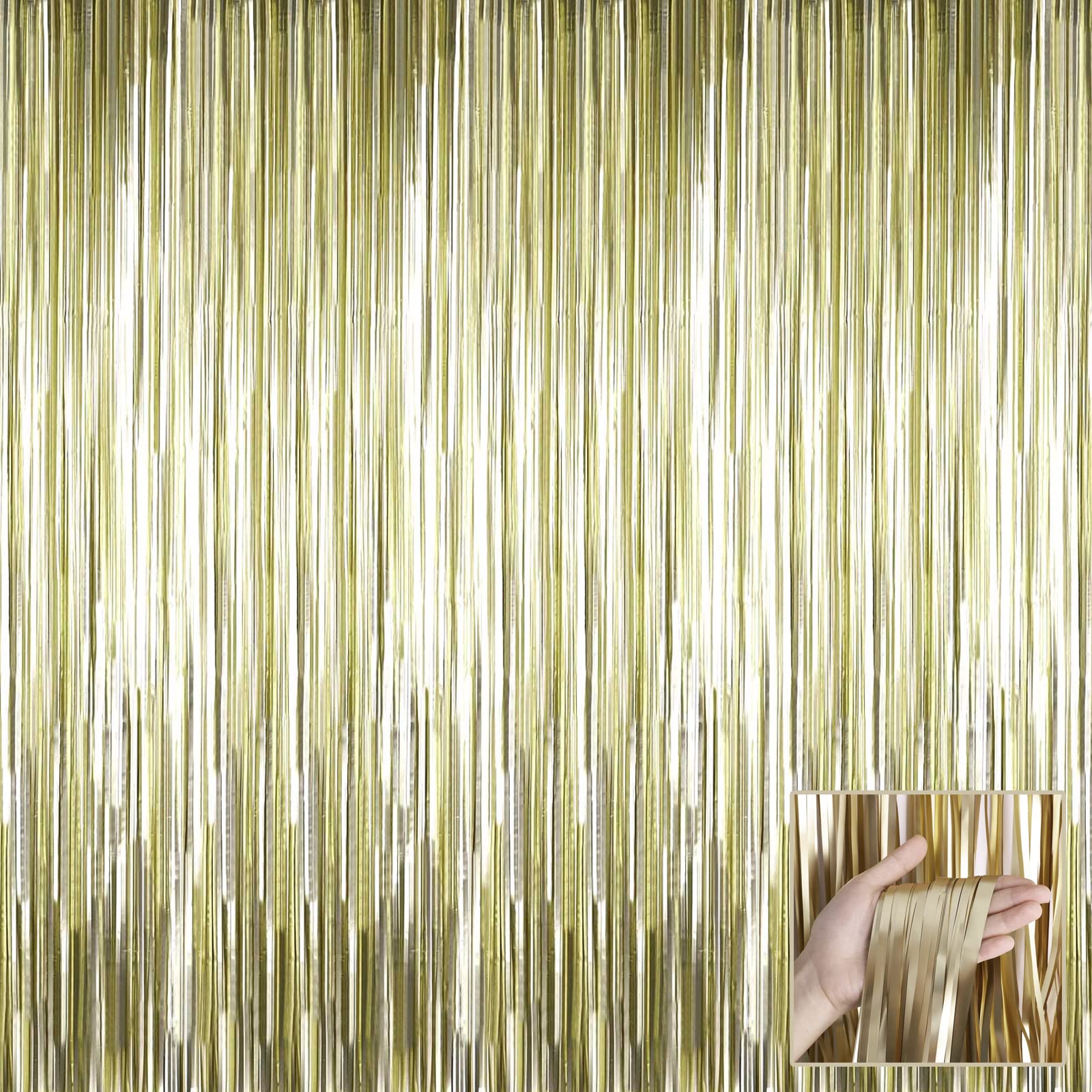 4 Pack Light Gold Foil Fringe Curtain Backdrop, 3.28Ft X 6.56Ft Metallic Tinsel Foil Fringe Streamers Curtains For Photo Booth,