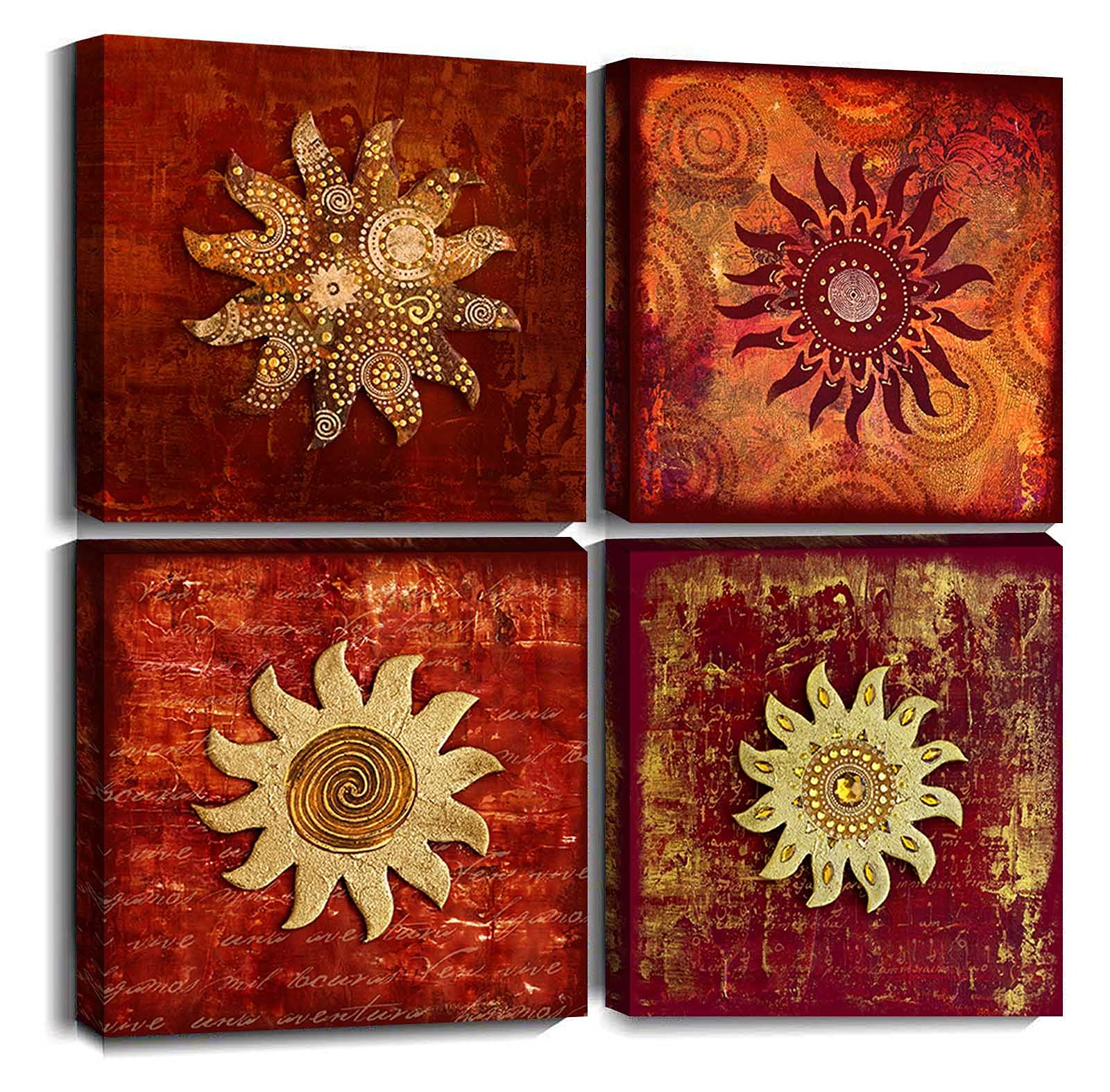 Vintage Flowers Pattern Canvas Prints Wall Art For Bathroom 4 Piece Framed Artwork Abstract Red Sunflower Picture Ready To Hang