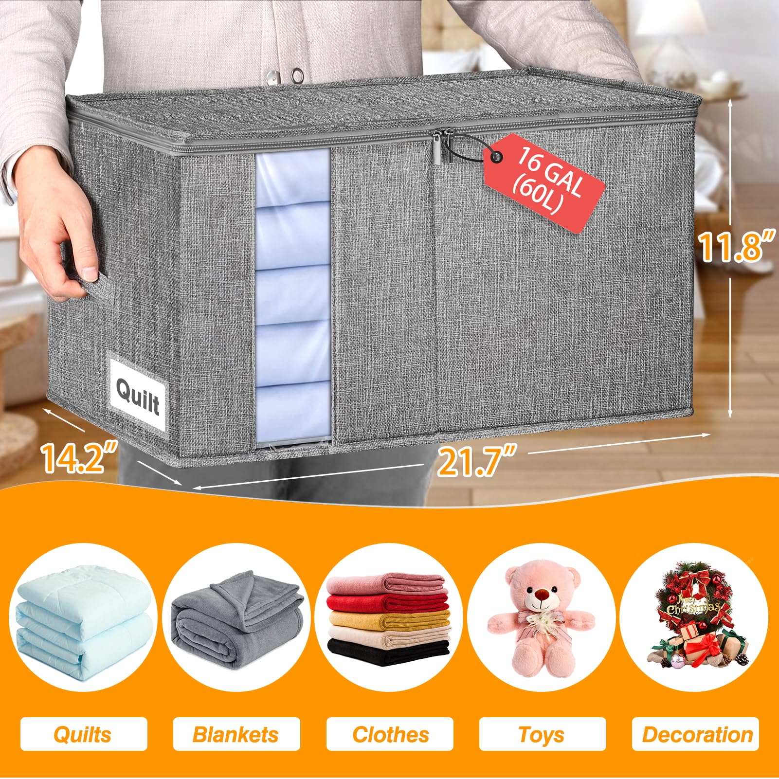 boailydi Blanket Storage, 60L Comforter Storage Bag With Dual Zipper & Side Support, Sturdy Clothes Storage Bin For King Size Co