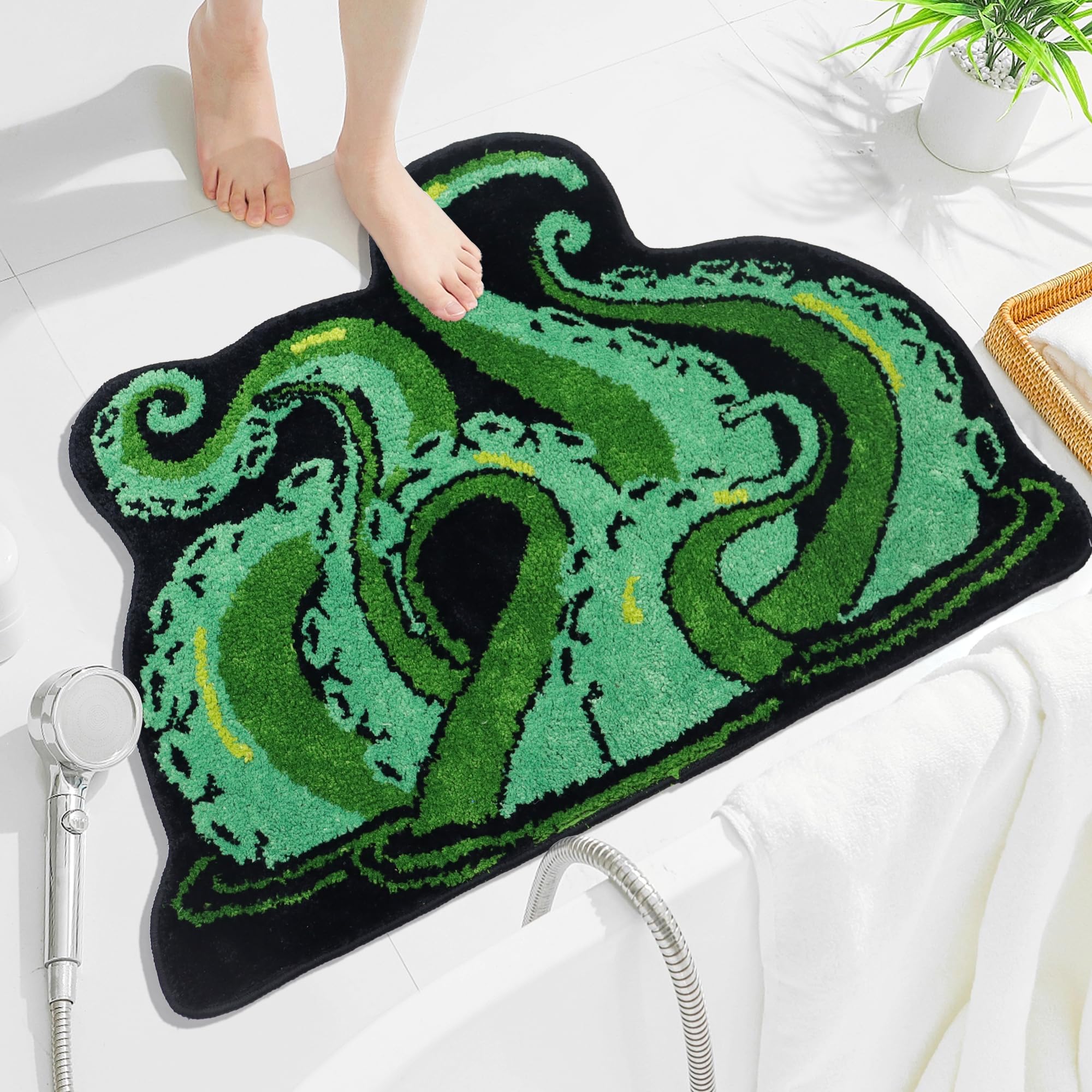 Oturgor Octopus Tentacles Bath Mat 36''X25'' Cute Green Octopus Bathroom Rug Non Slip Ocean Animal Rug For Bathroom Bedroom Deco
