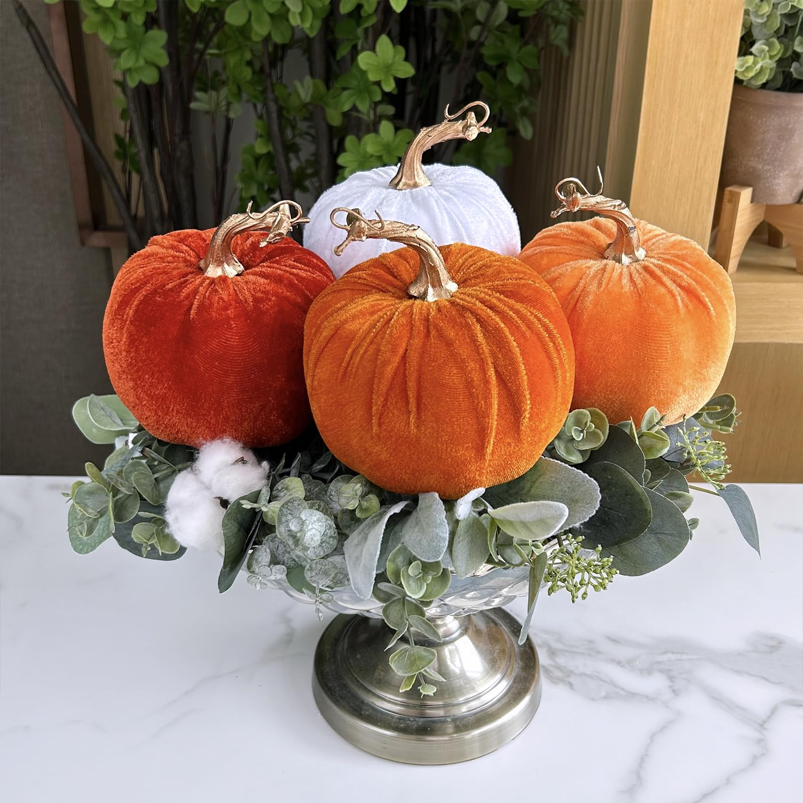 Winlyn 4 Pcs Assorted Faux Harvest Velvet Pumpkins Decorative Fabric Pumpkins Foam Pumpkins in Rust Orange White 5  for Farmhous