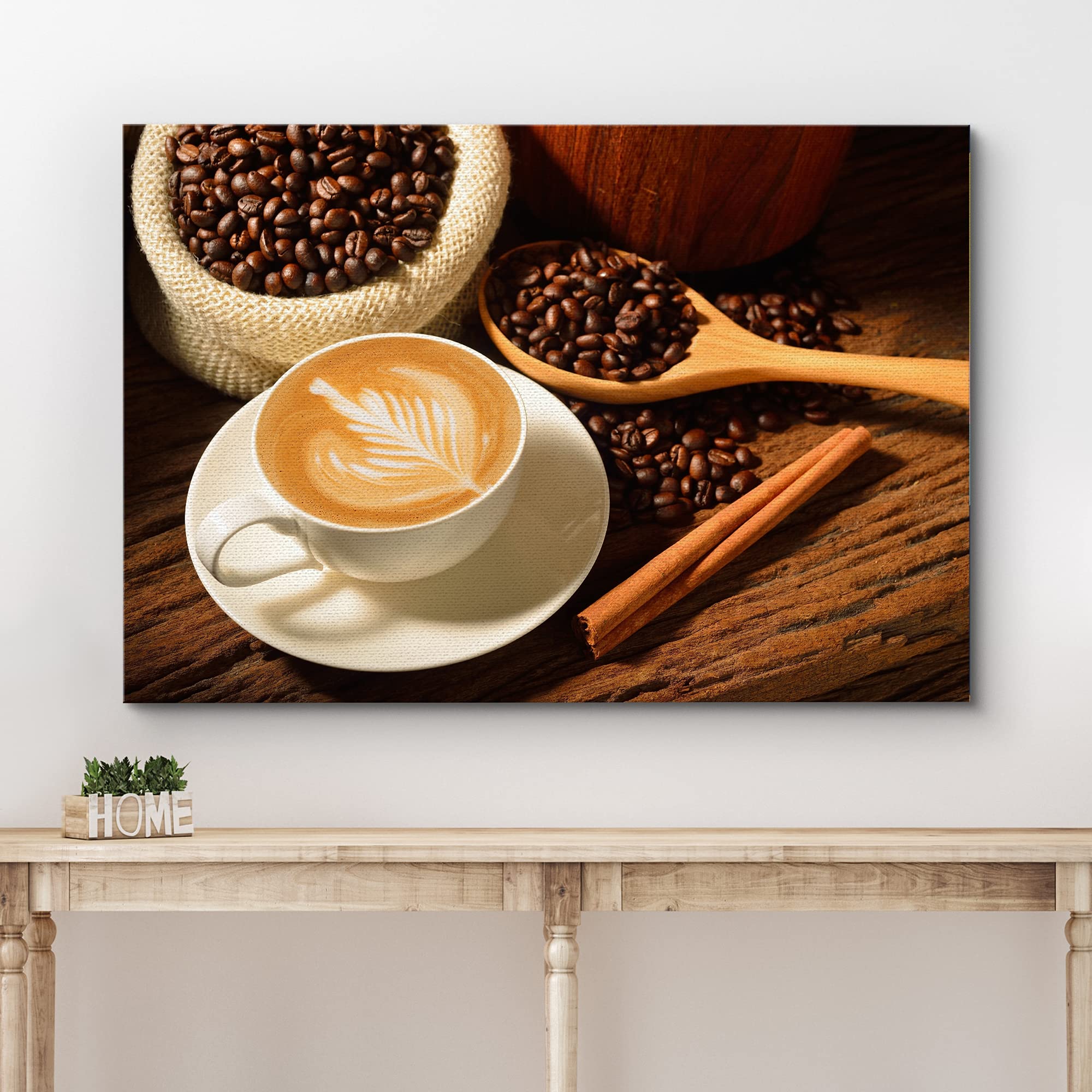Canvas Prints Wall Art - A Cup Of Cafe Latte And Coffee Beans | Modern Wall Decor/Home Art Stretched Gallery Canvas Wraps Giclee