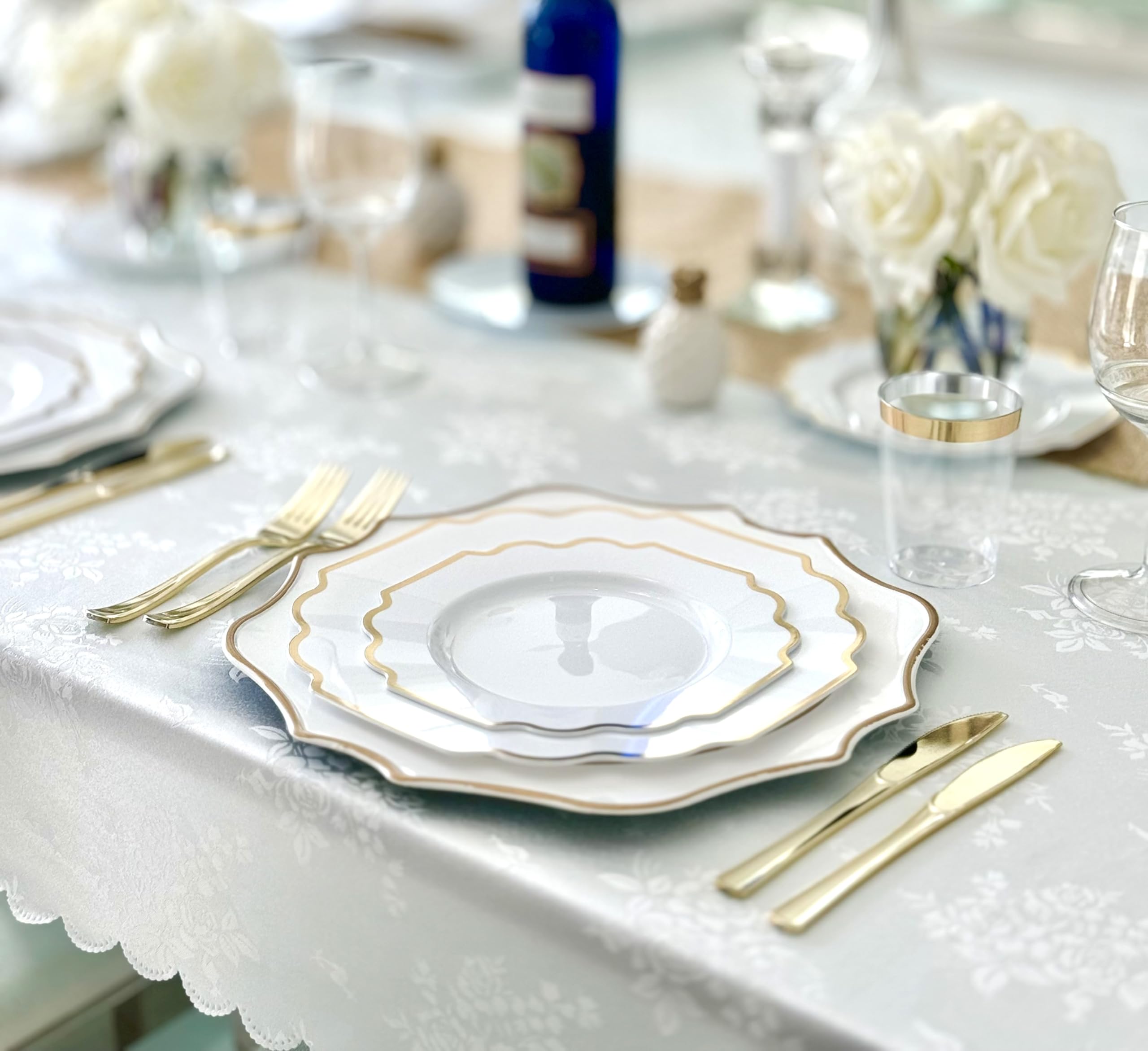 ' OCCASIONS '' 200 Piece set (25 Guests)-Wedding Plastic Plates & cutlery -Disposable heavyweight Dinnerware 10.5''  8'' + Silverware + Cups + Napkins (Imperial White & Gold)