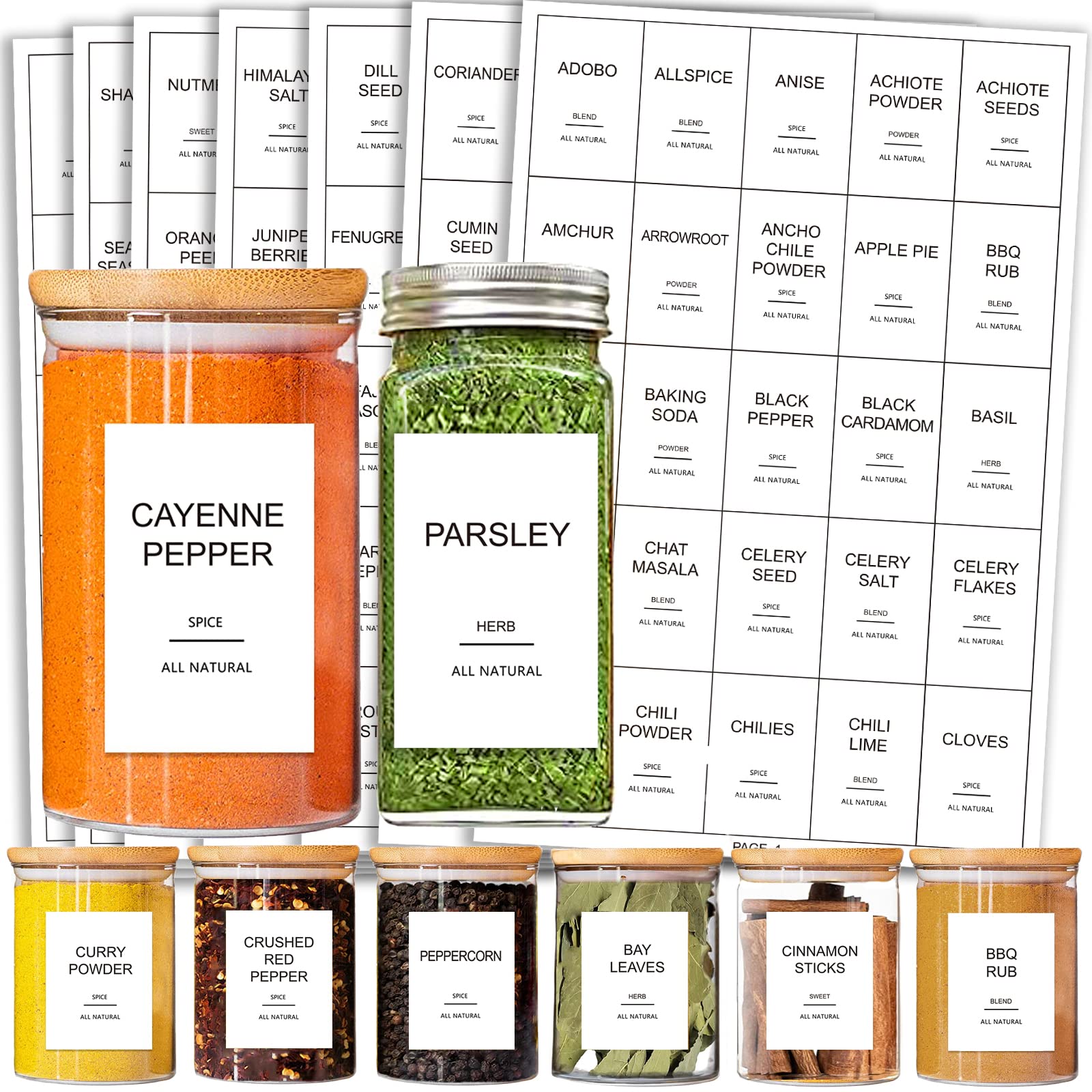 GPOVVIMX 191 Spice Jar Labels Preprinted Minimalist Stickers - White Waterproof Label - Fit Round or Rectangle Spice Jars - Herb