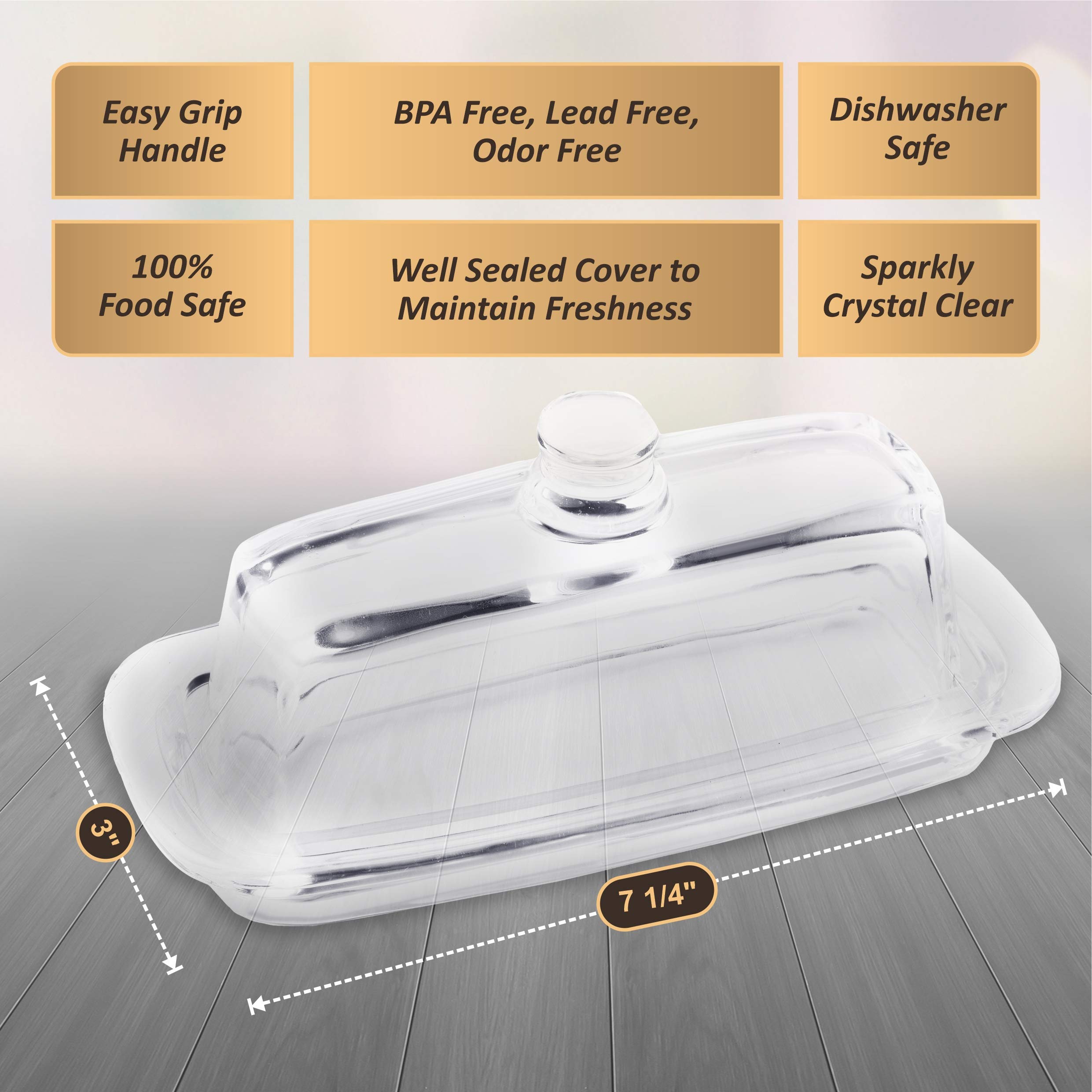 Bezrat Glass Butter Dish With Lid - Elegant Slim Tidy Cover With Handle - Crystal Clear Rectangular 2 Piece Design