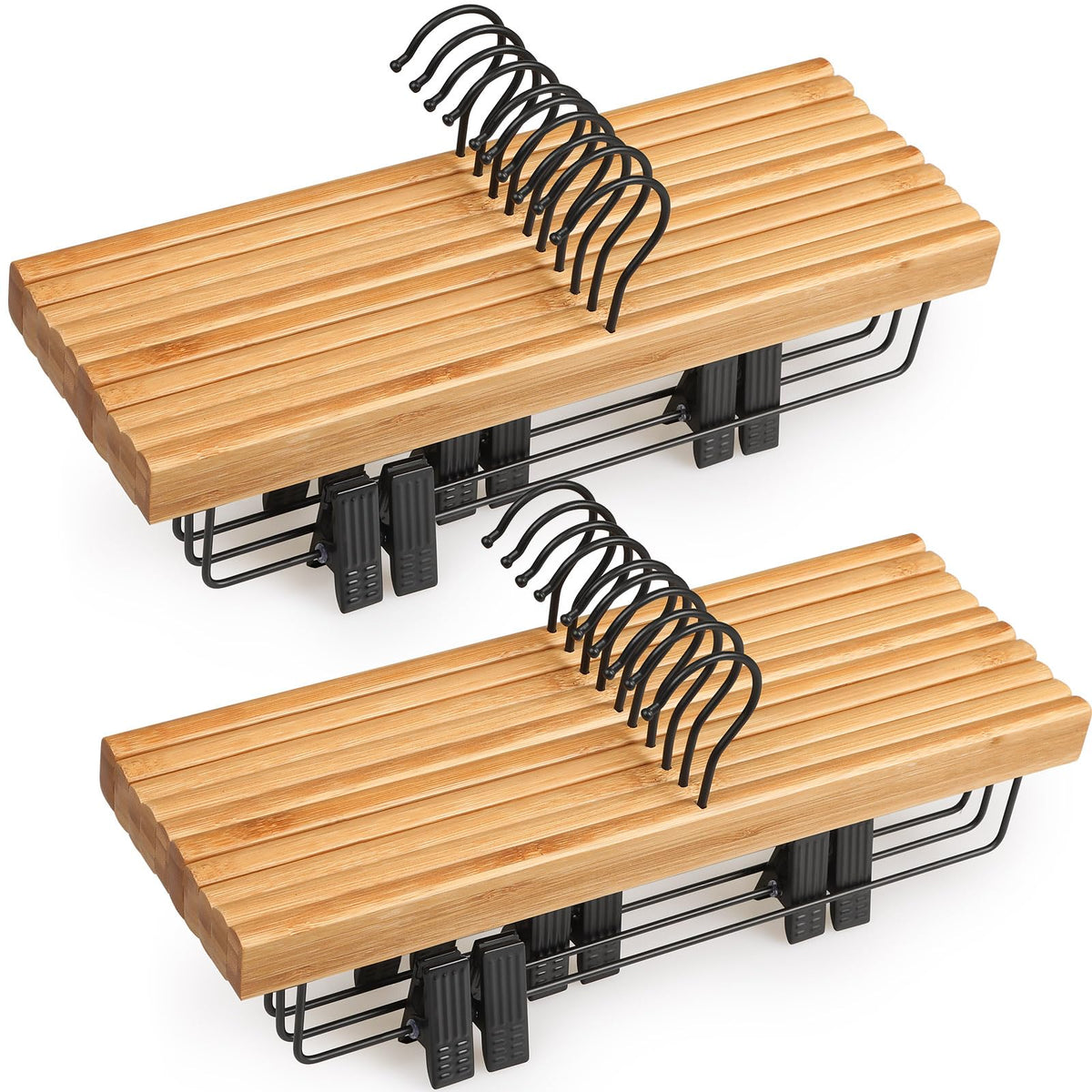 Topia Hanger Pants Hangers 20 Pack, Bamboo Clothes Hangers With Black Clips And Rotatable Hook, Durable Natural Wooden Hangers F