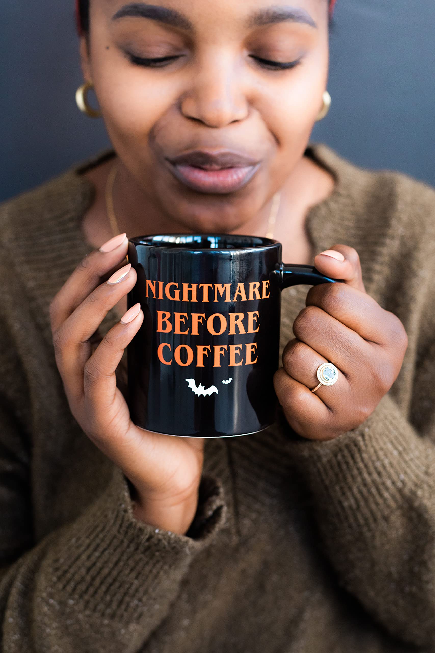 Pearhead Nightmare Before Coffee Ceramic Mug - Large 16oz Black Double-Sided Halloween Cup, Fun Fall Tea and Coffee Drinkware, S