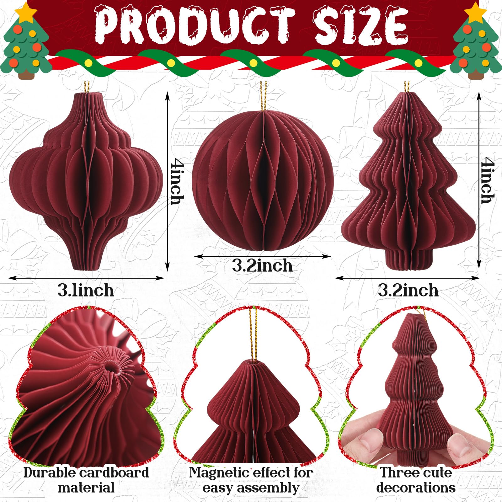 15 Pcs Burgundy Christmas Tree Decorations 3D Mini Paper Honeycomb Lantern Hanging Ornaments for Christmas Tree Xmas Party New Y