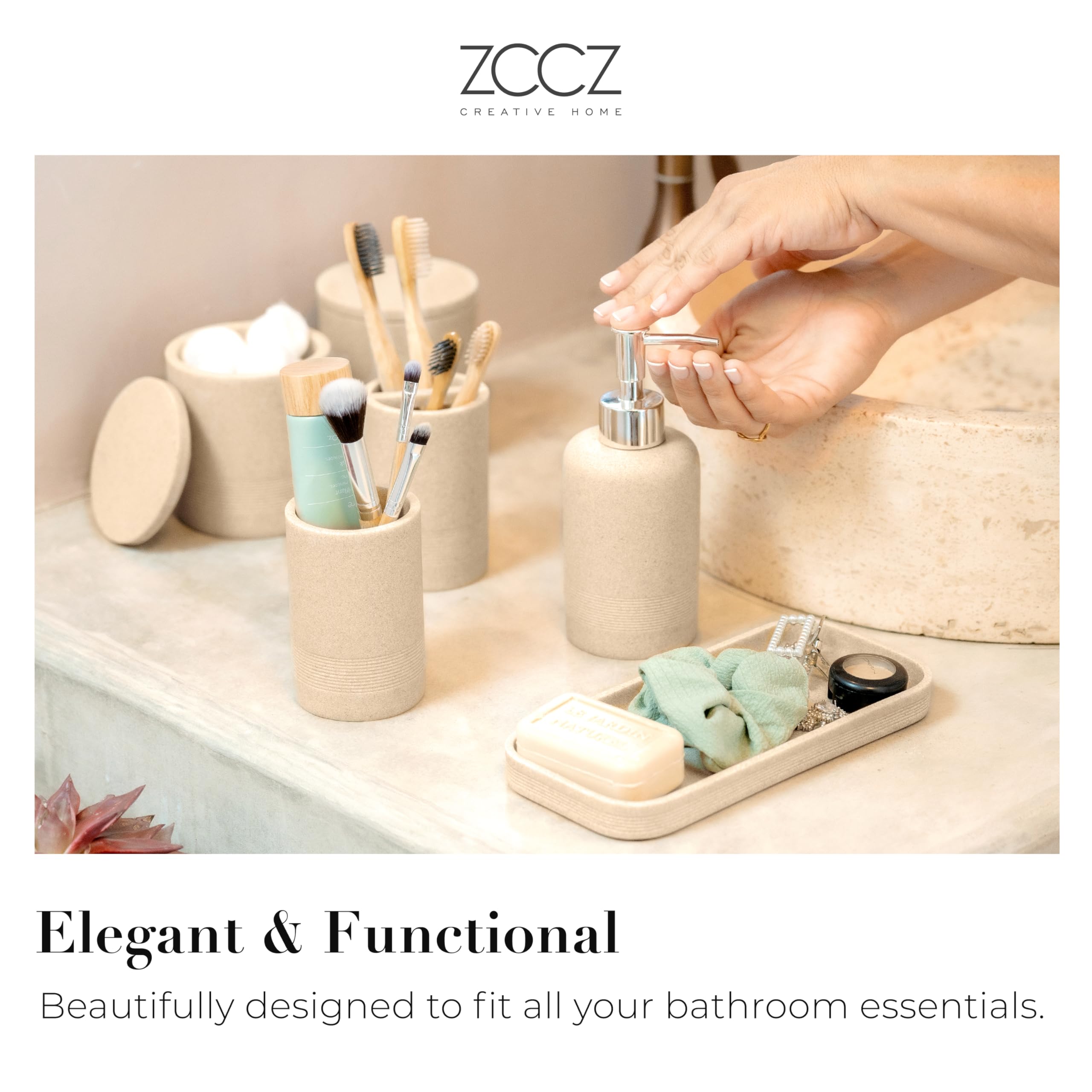 ZCCZ - Beige Bathroom Accessories Set 6 Pcs - Toothbrush Holder  Lotion Soap Dispenser  2 Qtip Holder Dispensers  Vanity Tray  Bathroom Tumbler - Countertop Vanity Organizer - Bathroom Accessory Set