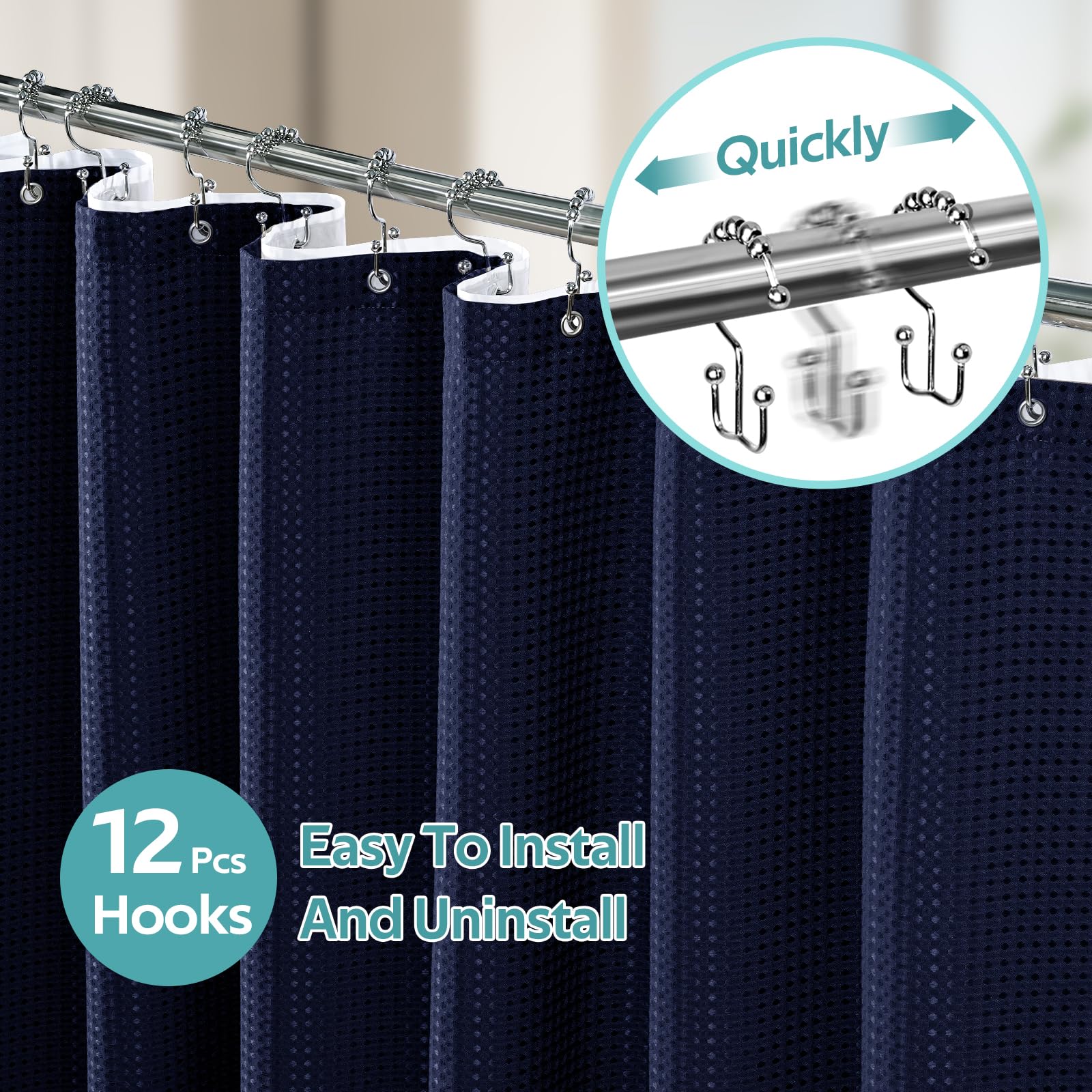 Vipfree 3 In 1 Shower Curtain Set, Waffle Shower Curtain And Liner Set With 12 Double Sided Shower Curtain Hooks, 258Gsm Luxury
