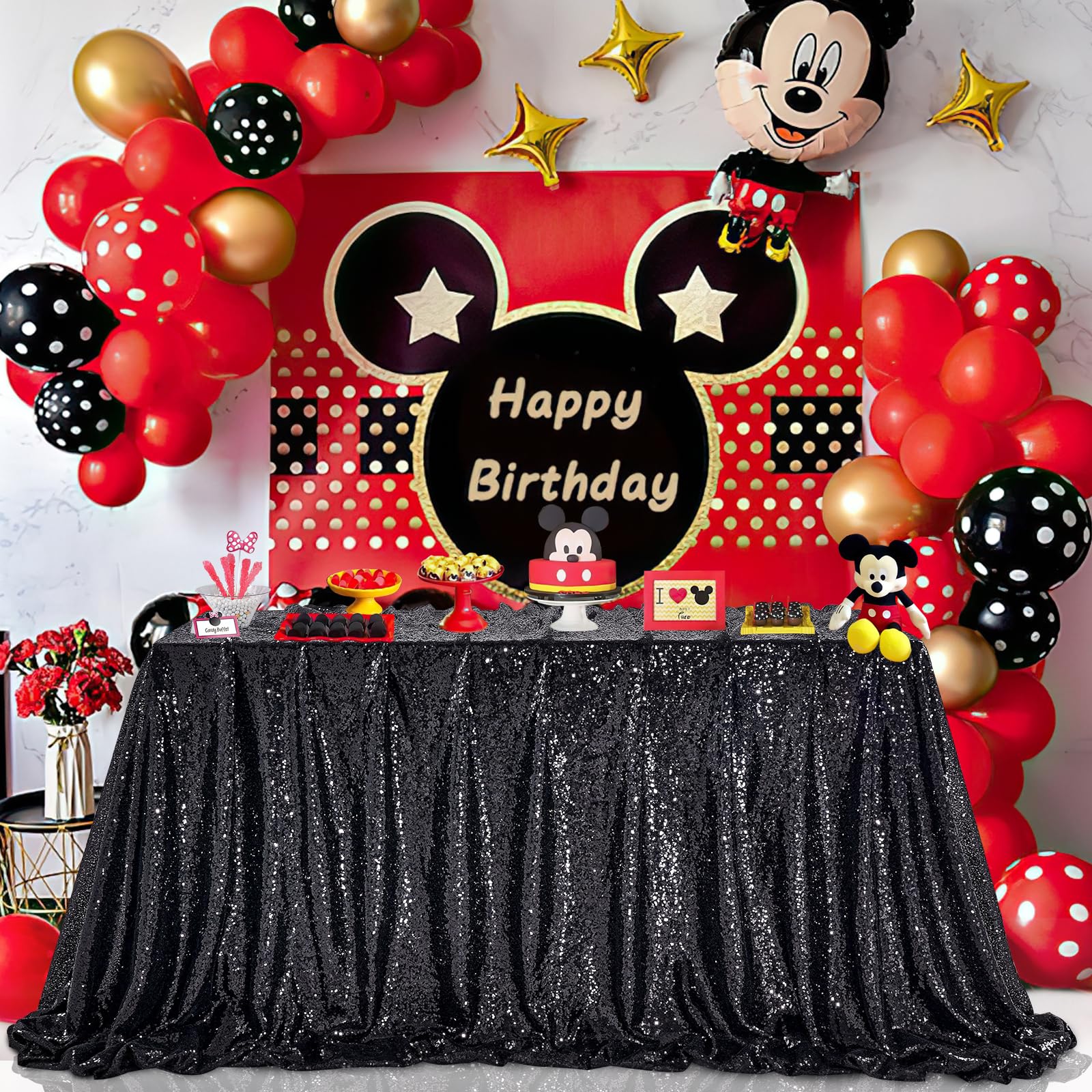 Queendream Black Party Decorations Sequin Tablecloth: Glitter Overlay 90X90 Inch Table Drapes For Banquet Wedding Theme Party Pl