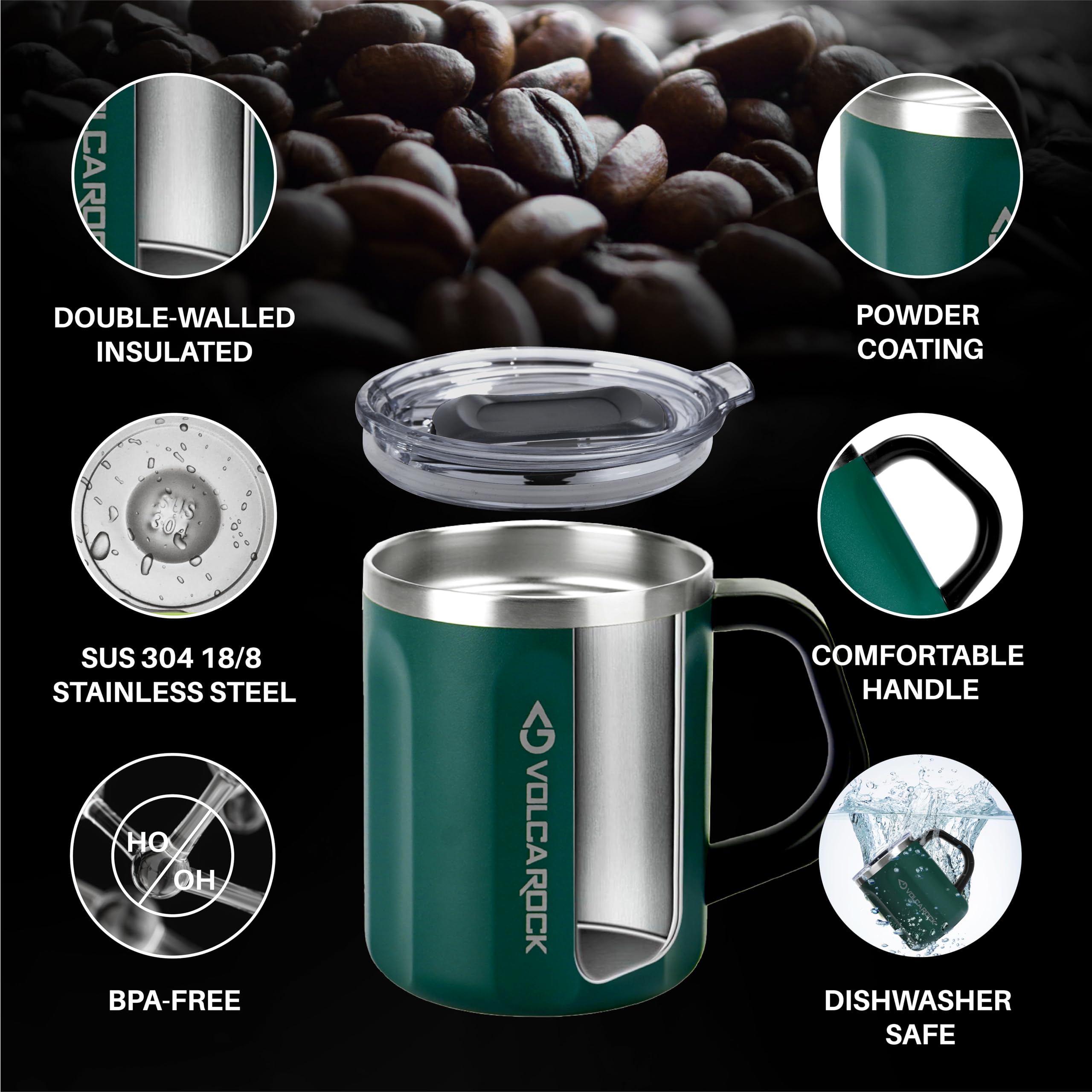 Volcarock 16 Oz Coffee Mug With Handle And Lid, Bpa Free Coffee Cup, Keep Cold 6 Hours And Keep Warm 5 Hours, Great Tea Mug For