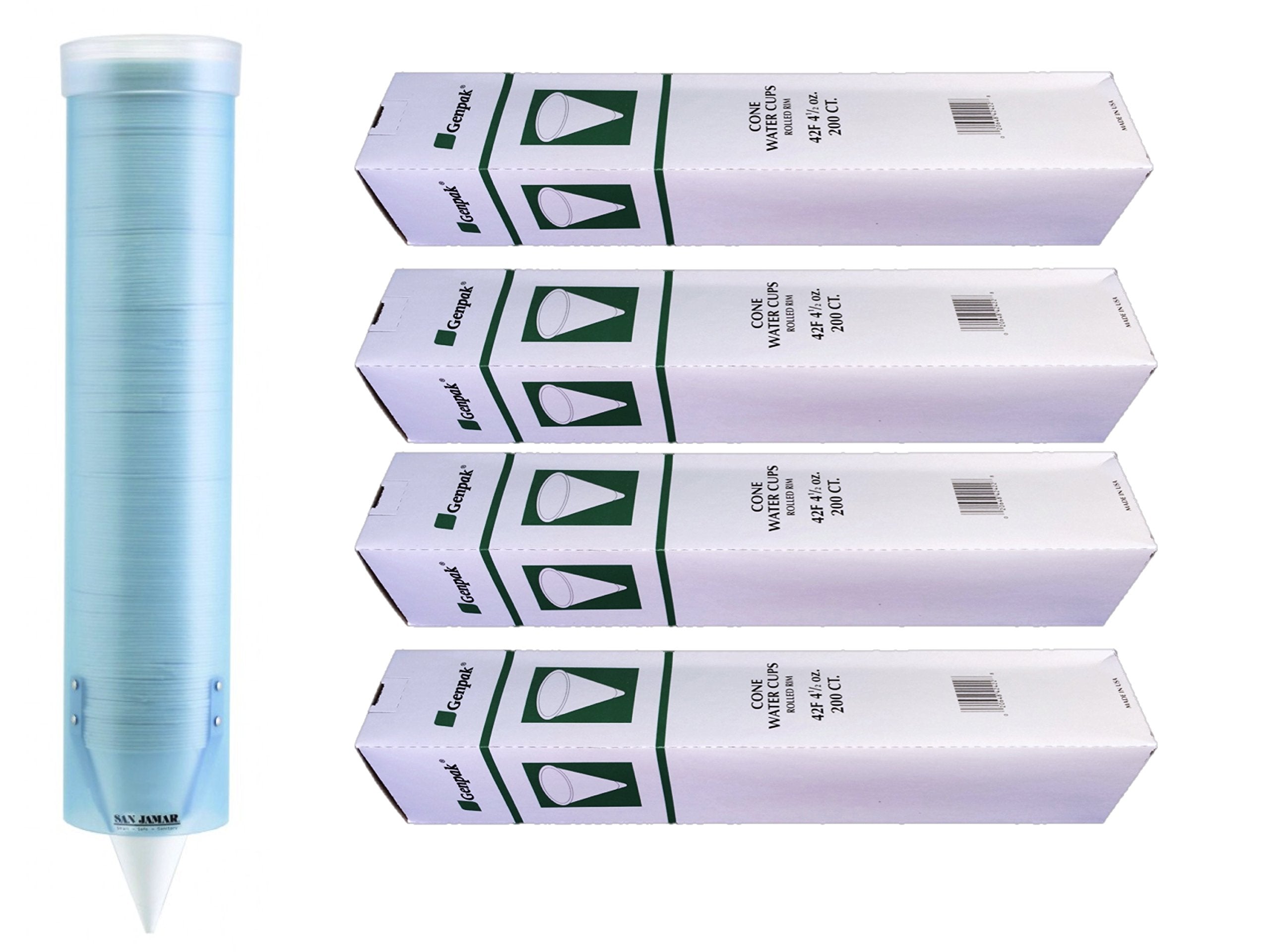 Mc Distributors Cone Cup & Dispenser Bundle - Genpak Compostable 4.5 Oz. Paper Cone Water Cup 4-Pack & San Jamar C3165Fbl Wall M