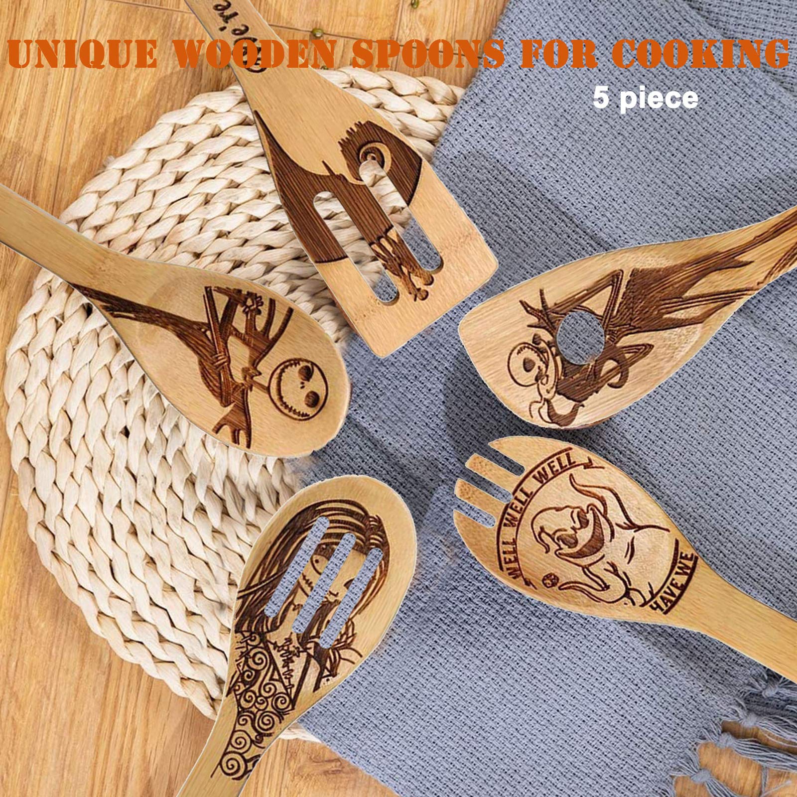 Jack Skellington Wooden Spoons For Cooking Utensils Set - Magic Pattern Burned Wooden Spatulas Kitchen Utensil Set For Kitchen D
